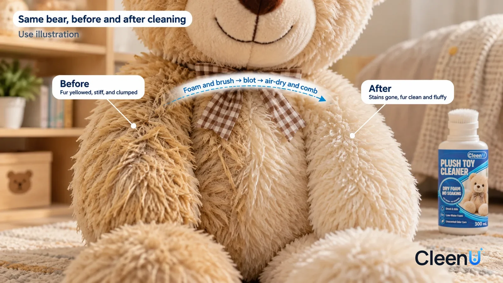 Illustration: CleenU Plush Toy Cleaner — A full-screen low-angle close-up of a light beige plush bear's arm and tummy fur in the same raking light: the untreated side is yellowed
