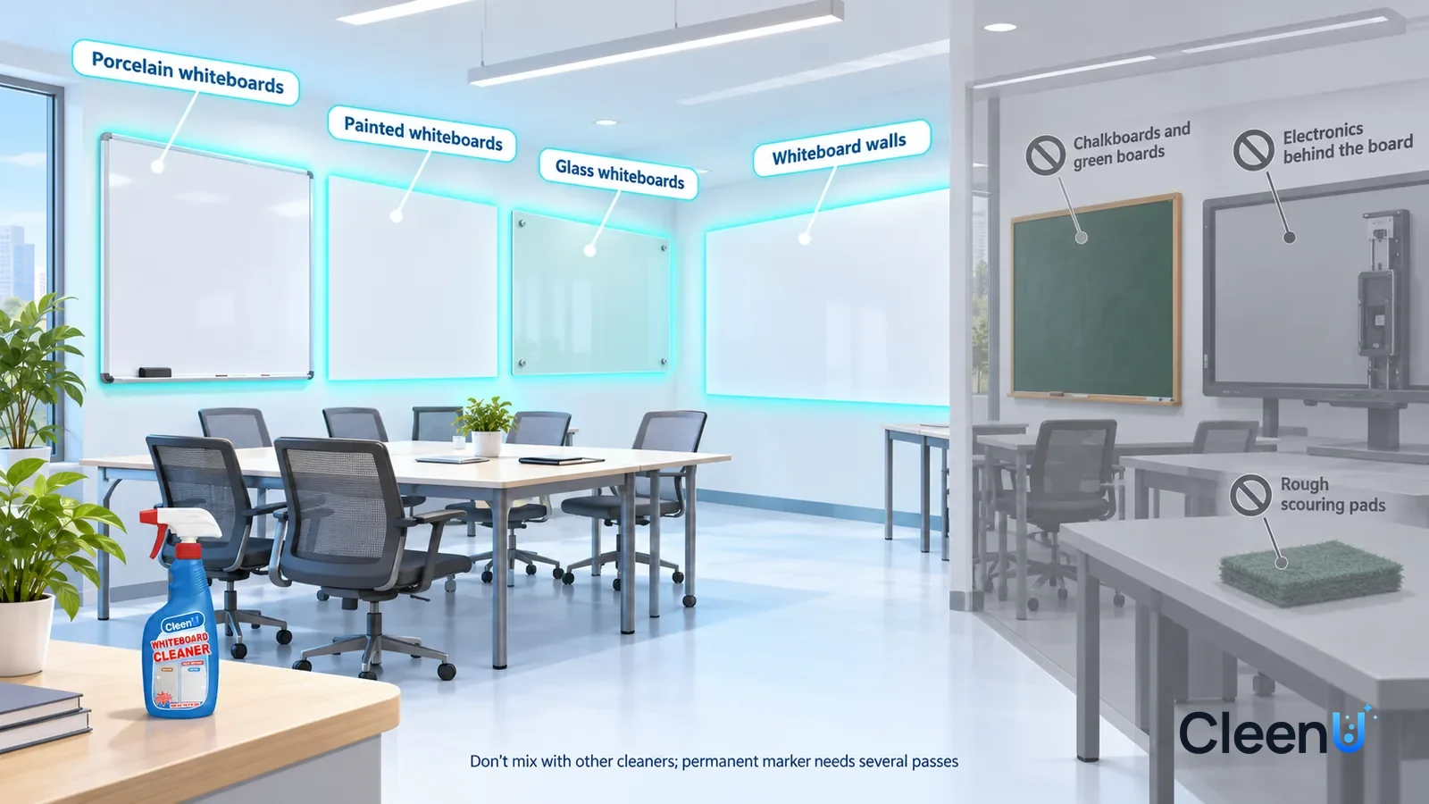 Illustration: CleenU Whiteboard Cleaner — A realistic 3D cutaway of a bright office and training-classroom area, one continuous space from one viewpoint: a porcelain whiteboard
