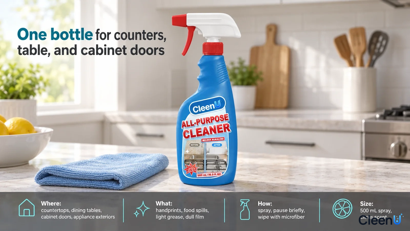 Illustrated all-purpose cleaner bottle and folded blue cleaning cloth on a kitchen counter.
