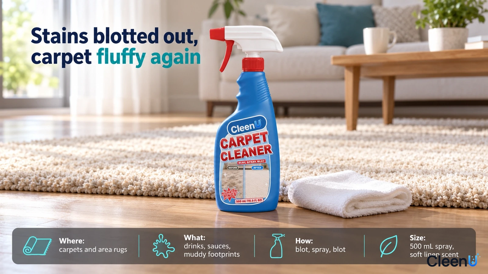 Illustration: A blue carpet cleaner bottle and folded white cloth beside a living room rug.