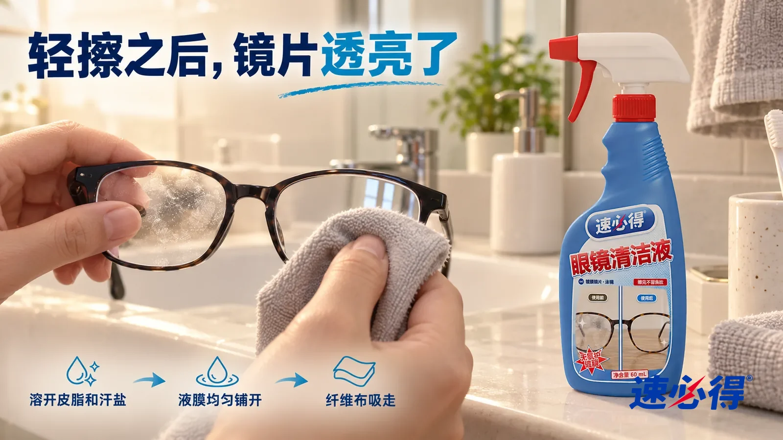 示意图：速必得眼镜清洁液——家里浴室洗手台边，一副黑框眼镜（无品牌标志）镜片的低角度近景：一只手捏着镜框，另一只手正用浅灰色超细纤维布轻擦镜片，擦过的一道透亮