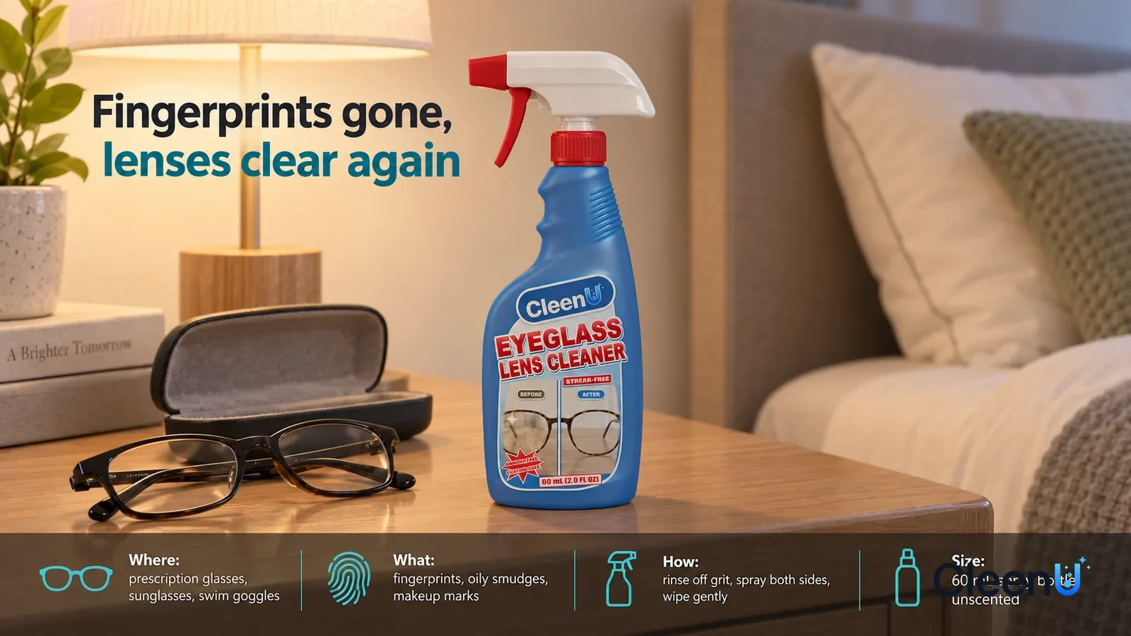 Illustration: CleenU Eyeglass Lens Cleaner stands centered on the nightstand, a pair of folded black-framed glasses and an open glasses case beside it (no brand marks)
