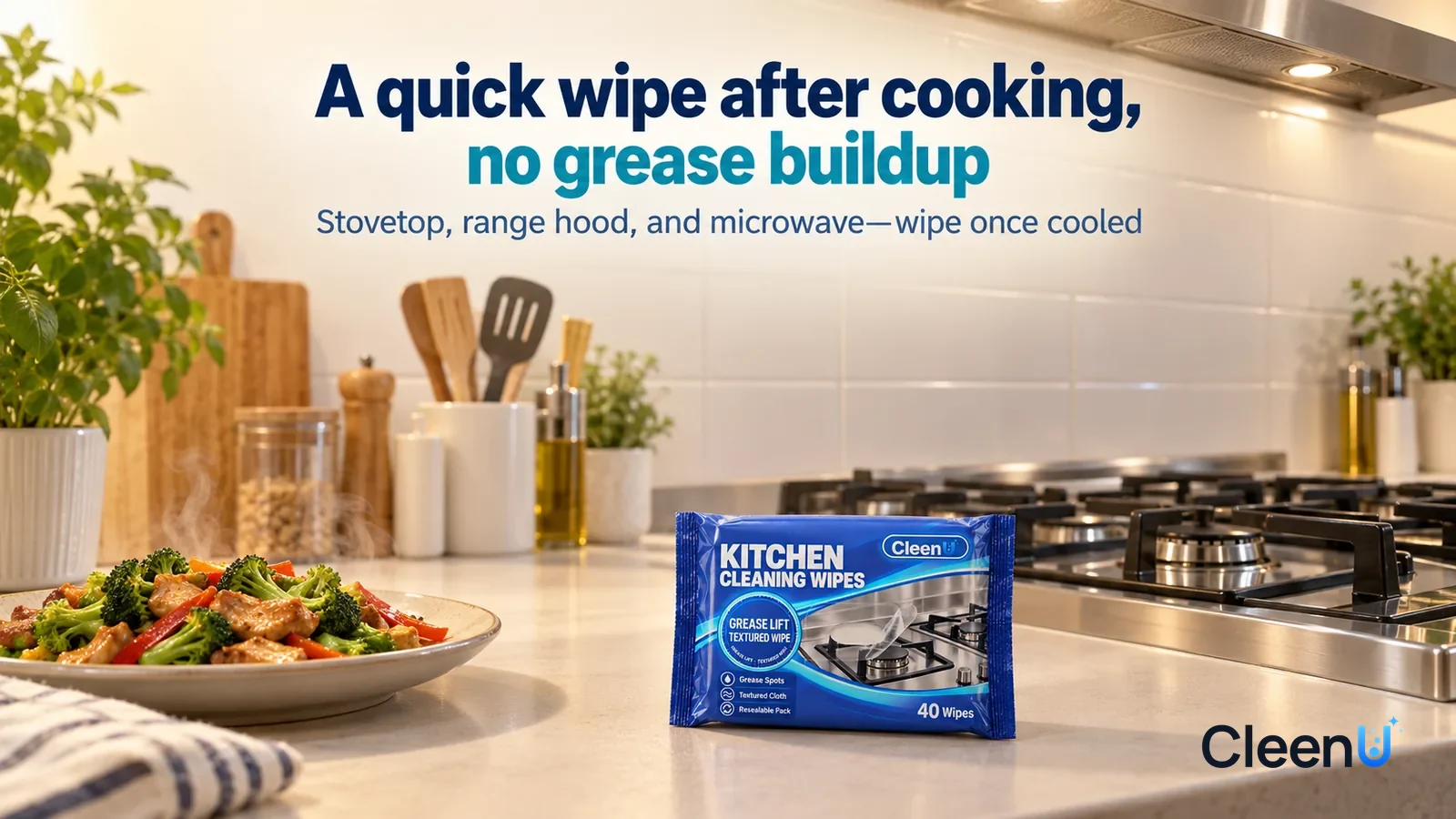 Illustration: CleenU Kitchen Cleaning Wipes — A bright evening kitchen, burners off, a clean stainless-steel gas stove, range hood, and white tile wall fresh under soft light Headline: "A quick wipe a