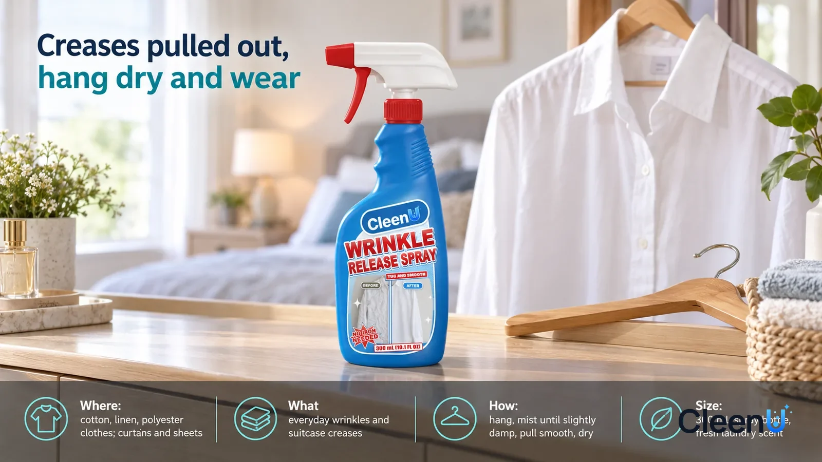 Illustration: CleenU Wrinkle Release Spray stands centered on the bedroom dresser, a wooden hanger beside it
