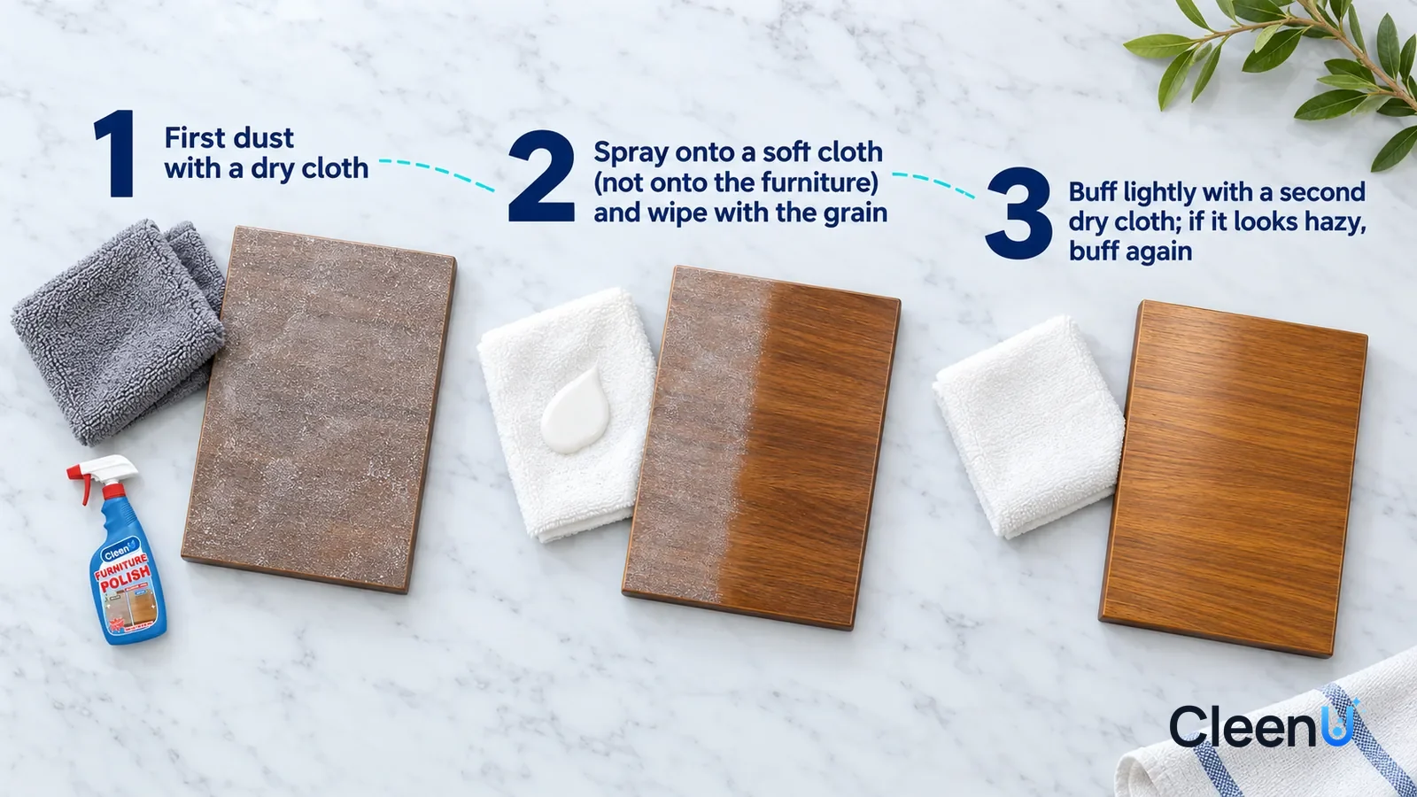 Illustration: CleenU Furniture Polish — an overhead shot straight down onto a light marble tabletop, no bottle and no hands: (1) a grey dry dusting cloth and a dull finished wood s