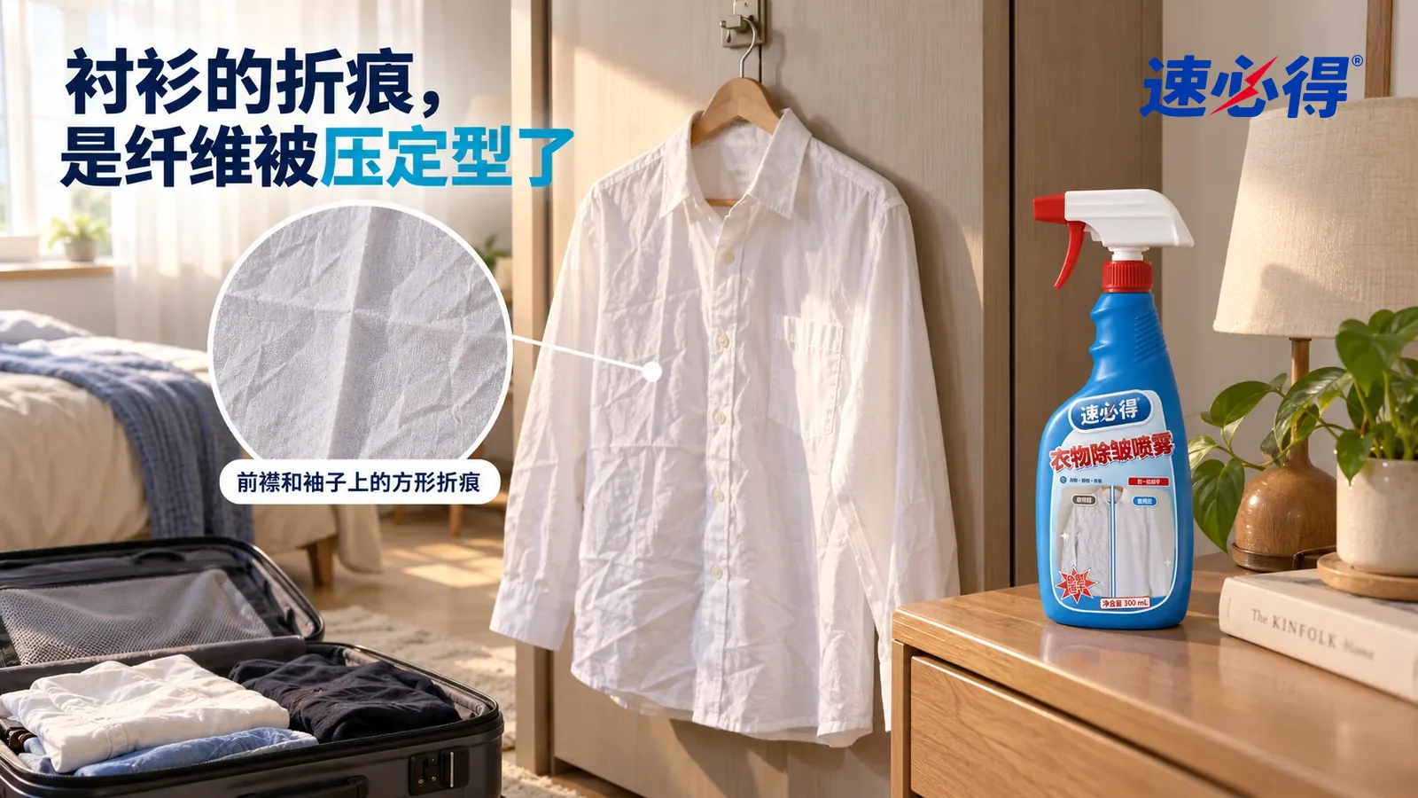 示意图：速必得衣物除皱喷雾——清晨的卧室，地上一只打开的行李箱，一件白色纯棉衬衫挂在衣架上、挂在衣柜门边的挂钩上