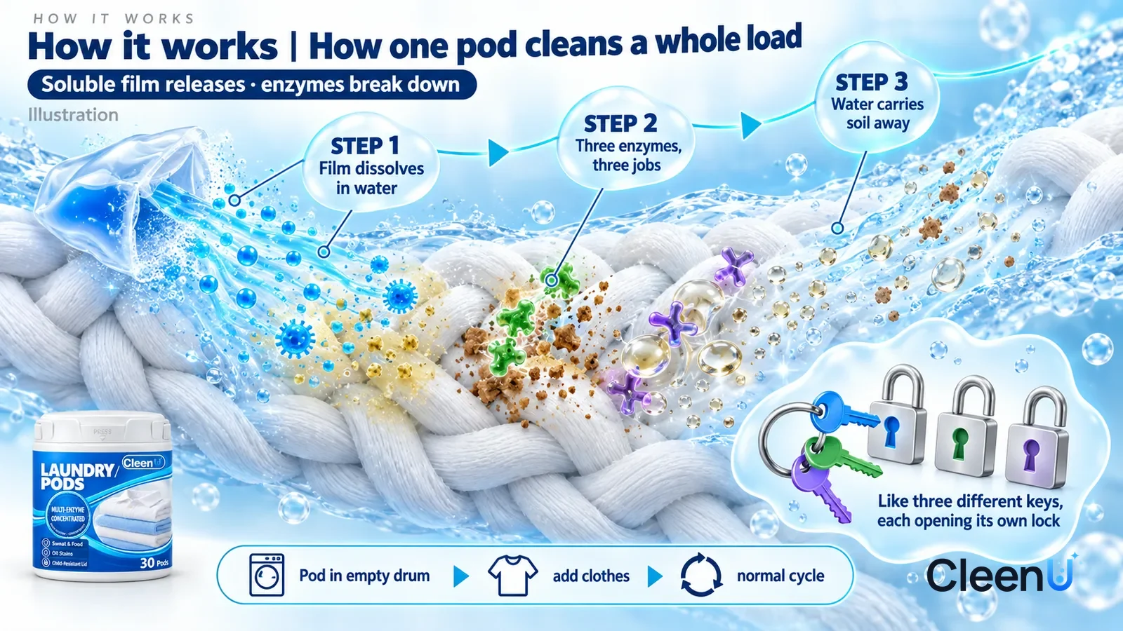 Illustration: CleenU Laundry Pods — an enormously magnified cross-section of white cotton fibers runs diagonally from upper left to lower right; on the left the film of a trans