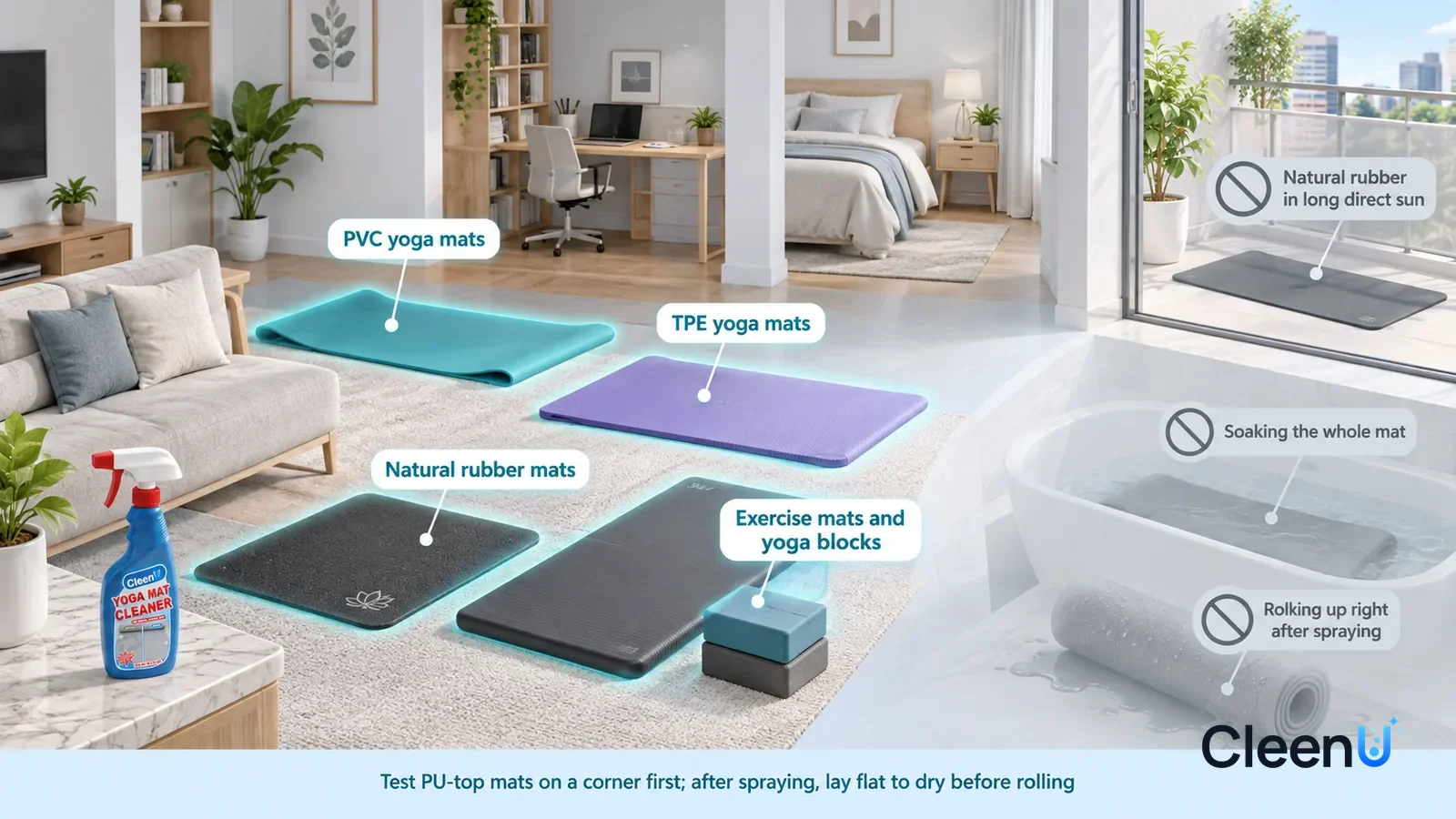 Illustration: CleenU Yoga Mat Cleaner — A realistic 3D cutaway of a bright home's living room, study, bedroom, and balcony, one continuous space from one viewpoint