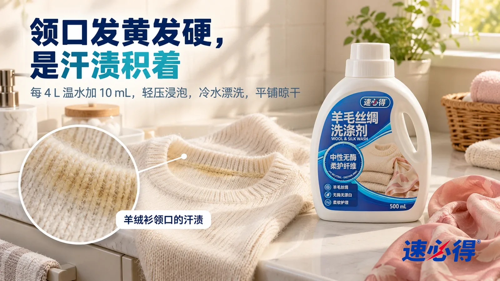 示意图:速必得羊毛丝绸洗涤剂——家里的洗衣角,午后侧光从窗户斜照在洗衣台上,一件米白色羊绒衫平铺在台面上,领口内侧一圈淡黄色汗渍清楚可见,标题“领口发黄发硬,是汗渍积着”