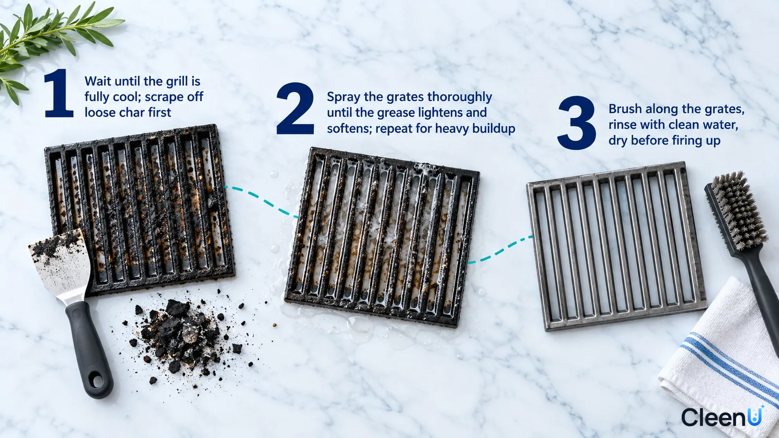 Illustration: Greasy grates, loose debris, brushes and a cleared grate sample with numbered cleaning steps.