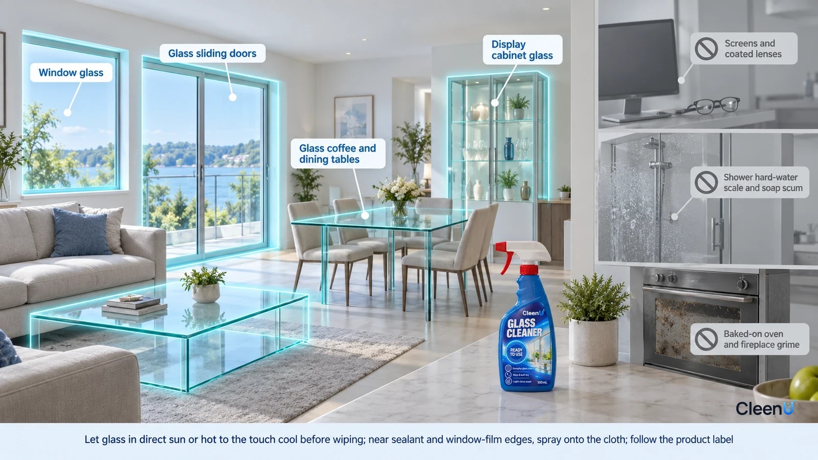 Illustration of suitable household glass surfaces and exclusions such as screens and coated lenses.