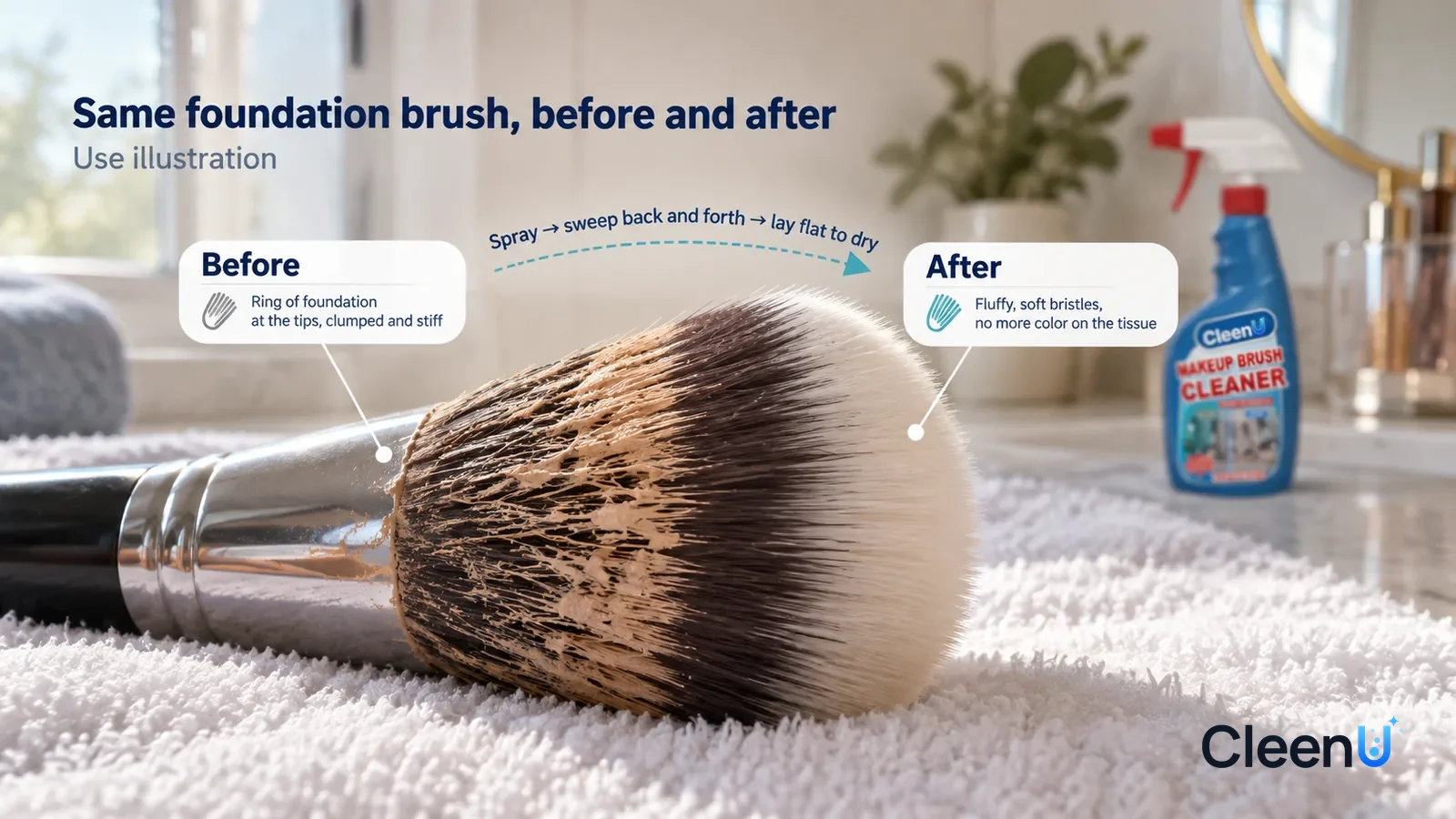 Illustration: CleenU Makeup Brush Cleaner — A full-screen low-angle close-up of a foundation brush (no brand marks) lying flat on a white towel in the same window light