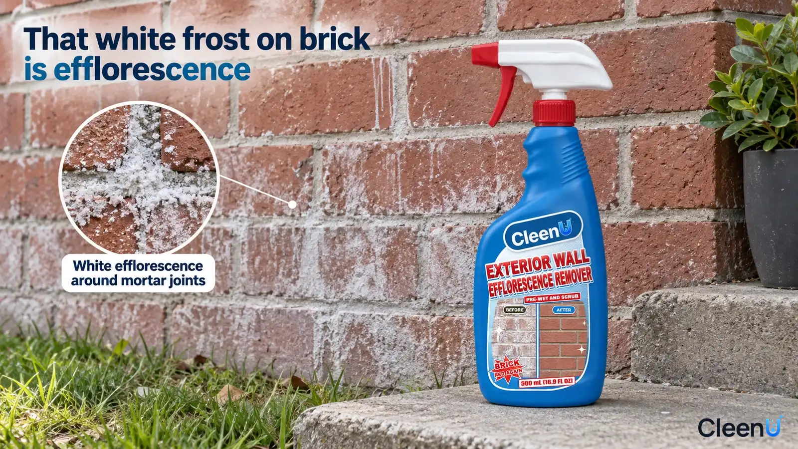 Illustration: White efflorescence on red bricks and mortar joints beside a blue cleaner bottle at the wall base.
