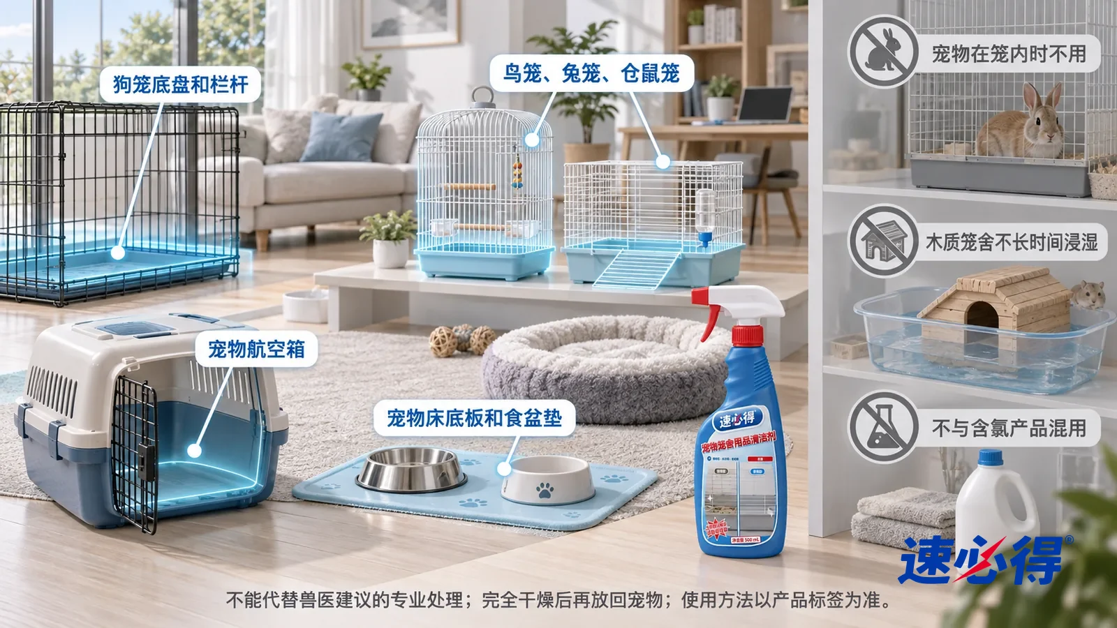 示意图：速必得宠物笼舍用品清洁剂——一张写实 3D 剖面实景图，一套明亮的家的客厅、书房和阳台，连续空间、一个视角，不出现喷瓶：空狗笼底盘和栏杆、空鸟笼和空兔笼