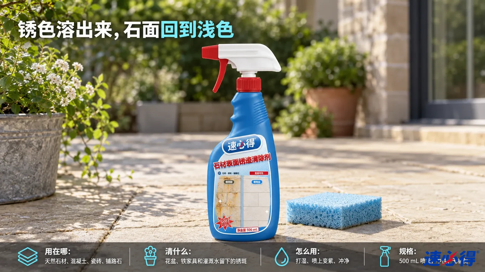 示意图：蓝色喷瓶与蓝色海绵摆在有花盆的石材露台。