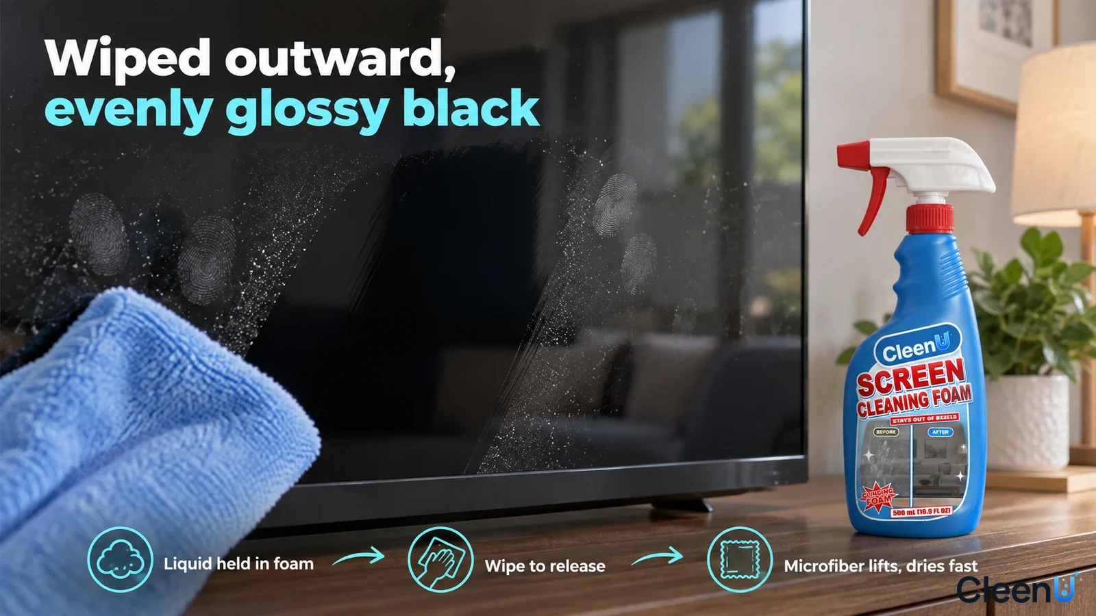 Illustration: A fingerprinted area on a black television screen beside a blue cloth and bottle.