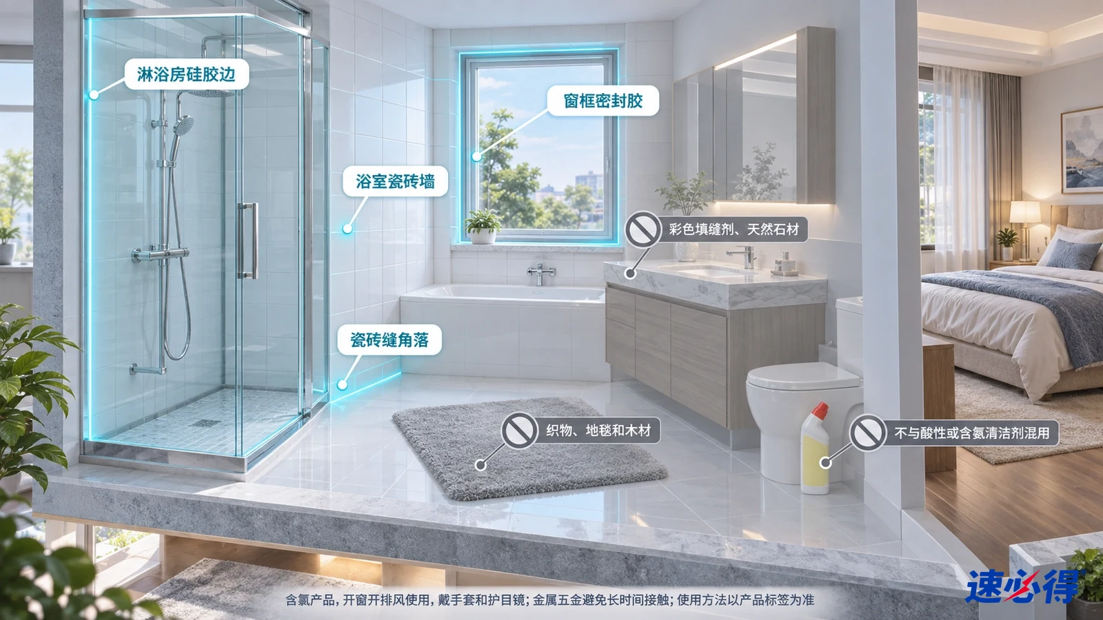 示意图:浴室玻璃边、窗框和硅胶缝区域被突出显示,旁列材质注意事项。