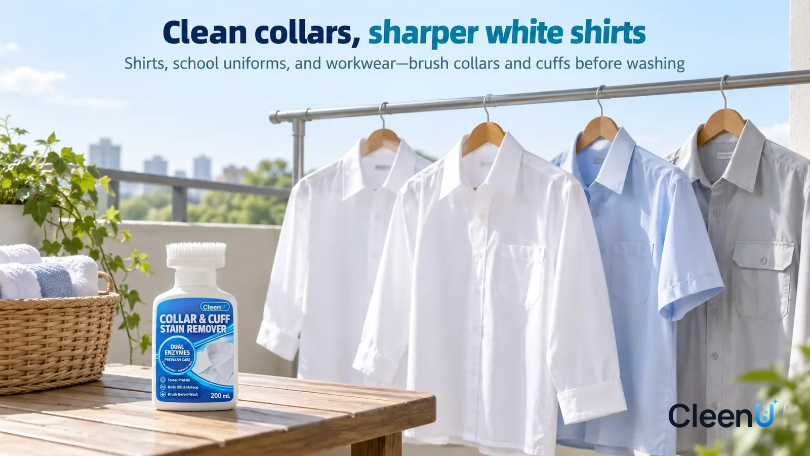 Illustration: CleenU Collar & Cuff Stain Remover — A sunny balcony, a few washed white shirts, a pale blue school-uniform shirt, and a light grey work shirt hanging on the drying rod Headline: "Clean