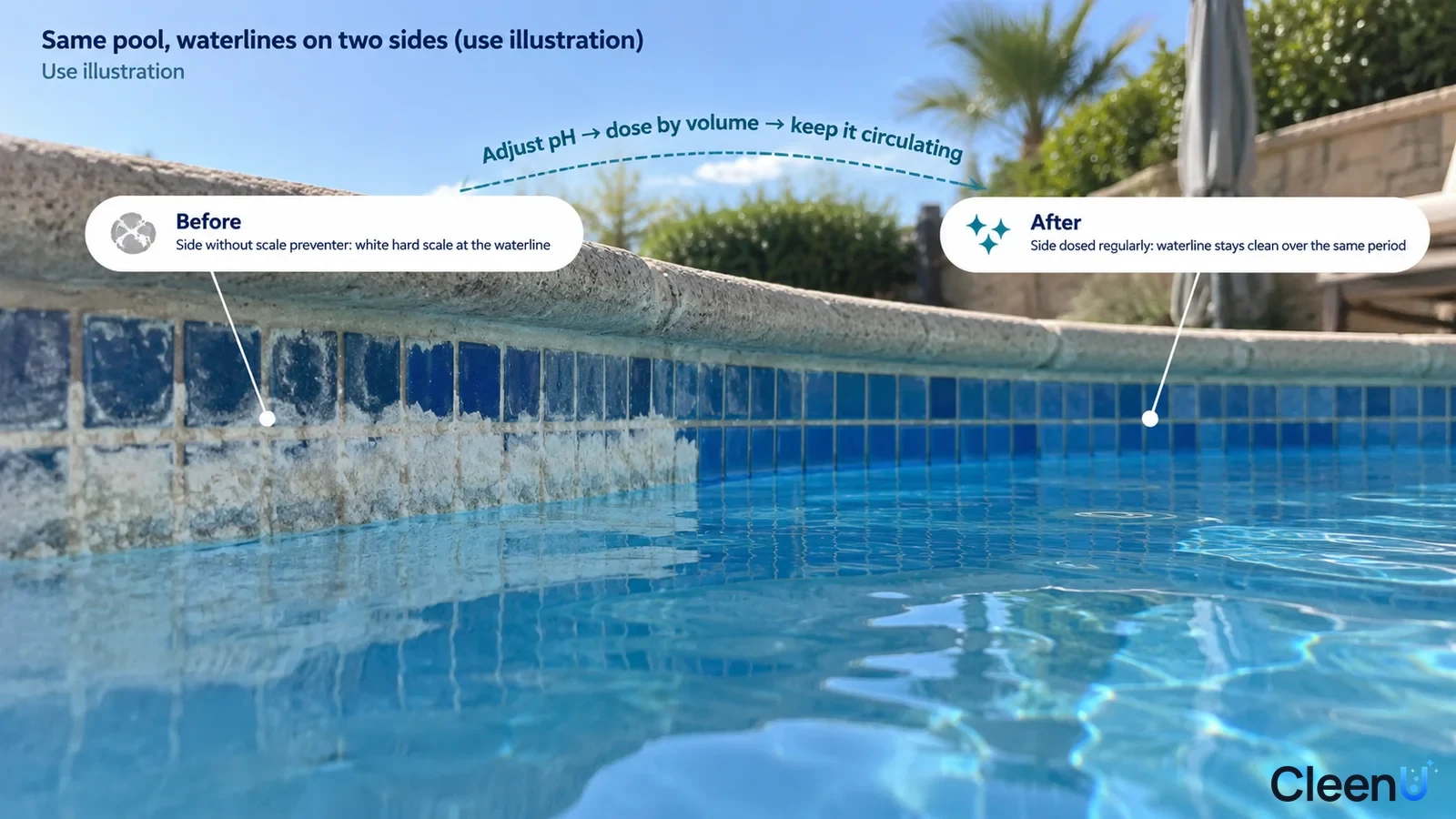 Illustration: White scale beside clearer blue pool waterline tiles; not a measured scale-prevention test.
