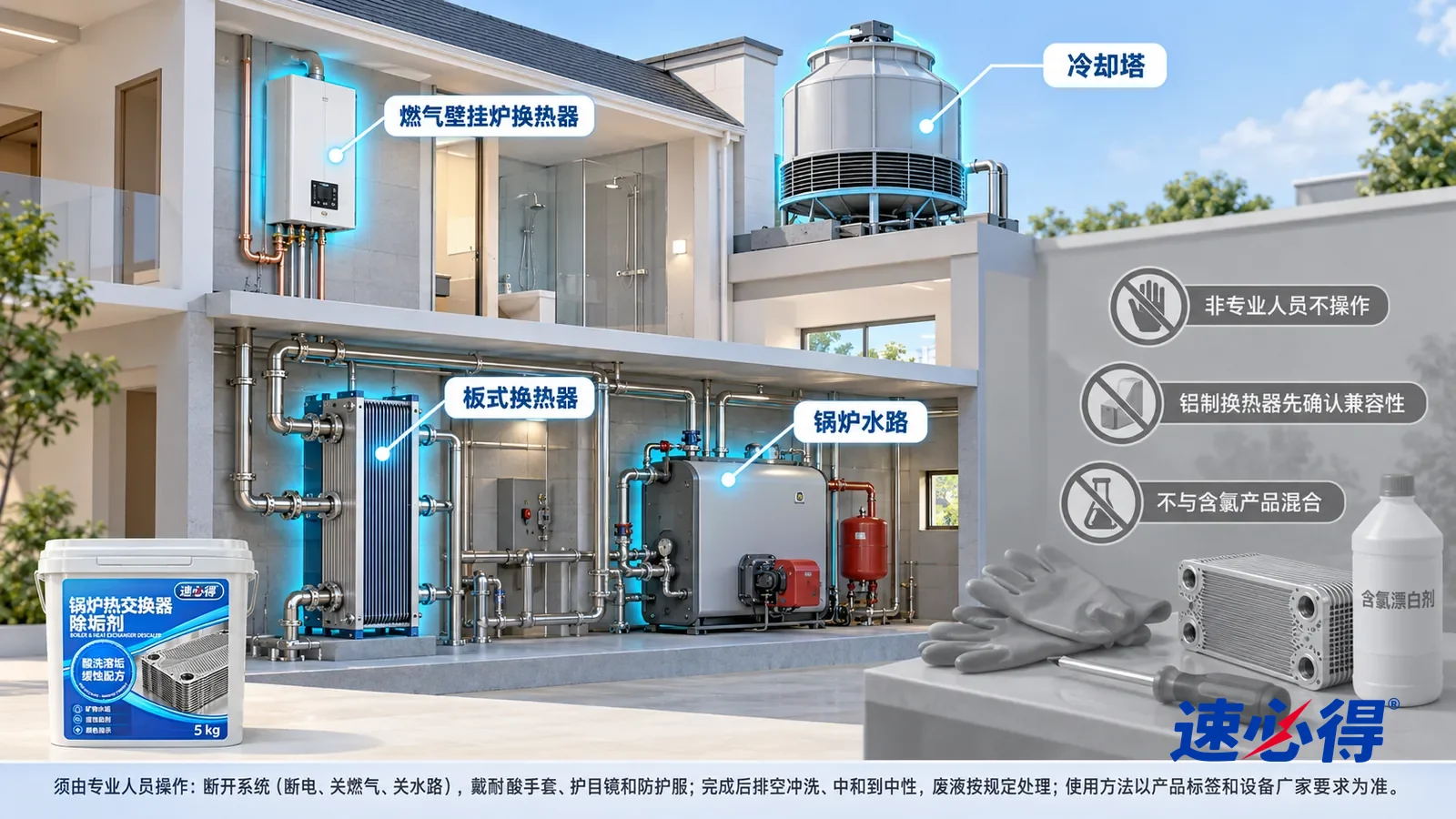 示意图：速必得锅炉热交换器除垢剂——一张写实 3D 剖面实景图，一栋明亮的小型商住楼，连续空间、一个视角，不出现提桶：燃气壁挂炉、热水器、落地板式换热器和锅炉水路