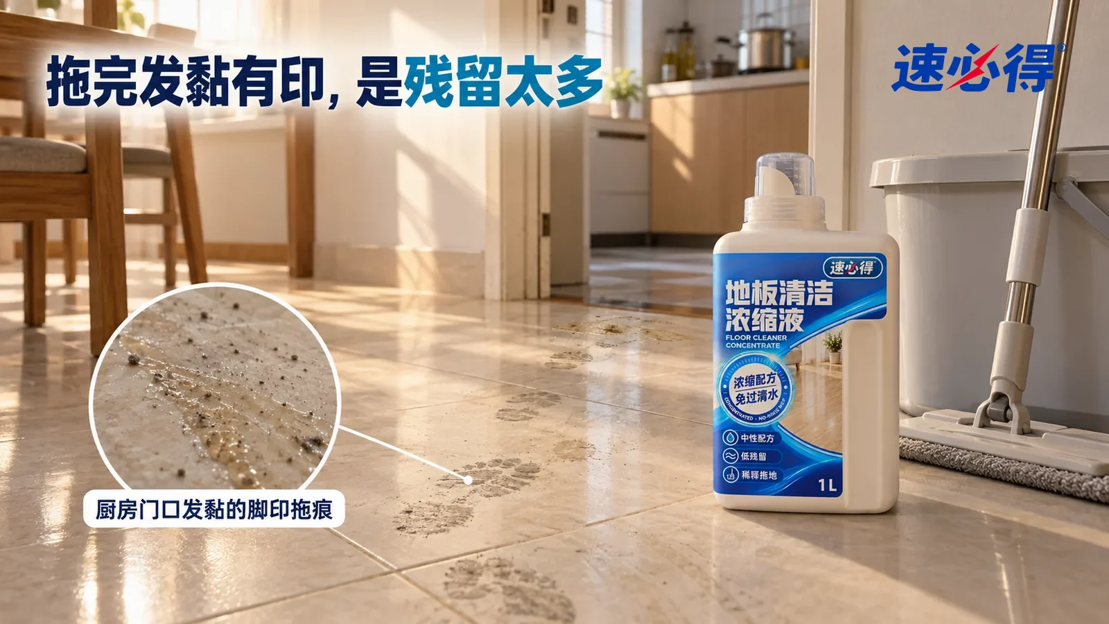 示意图：速必得地板清洁浓缩液——从餐厅看向厨房门口，午后侧光从窗户斜照在浅色瓷砖地面上，一串灰色脚印从厨房门口延伸到餐桌边，门口几块淡淡的油印