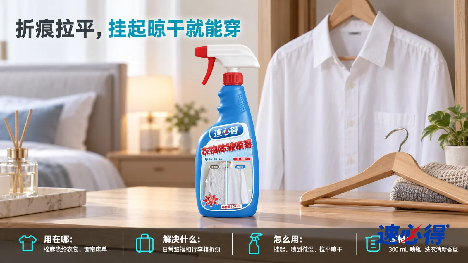 示意图：速必得衣物除皱喷雾居中站在卧室斗柜台面上，旁边一只木衣架，身后一件挂着的平整白衬衫和卧室向画面深处柔和虚化