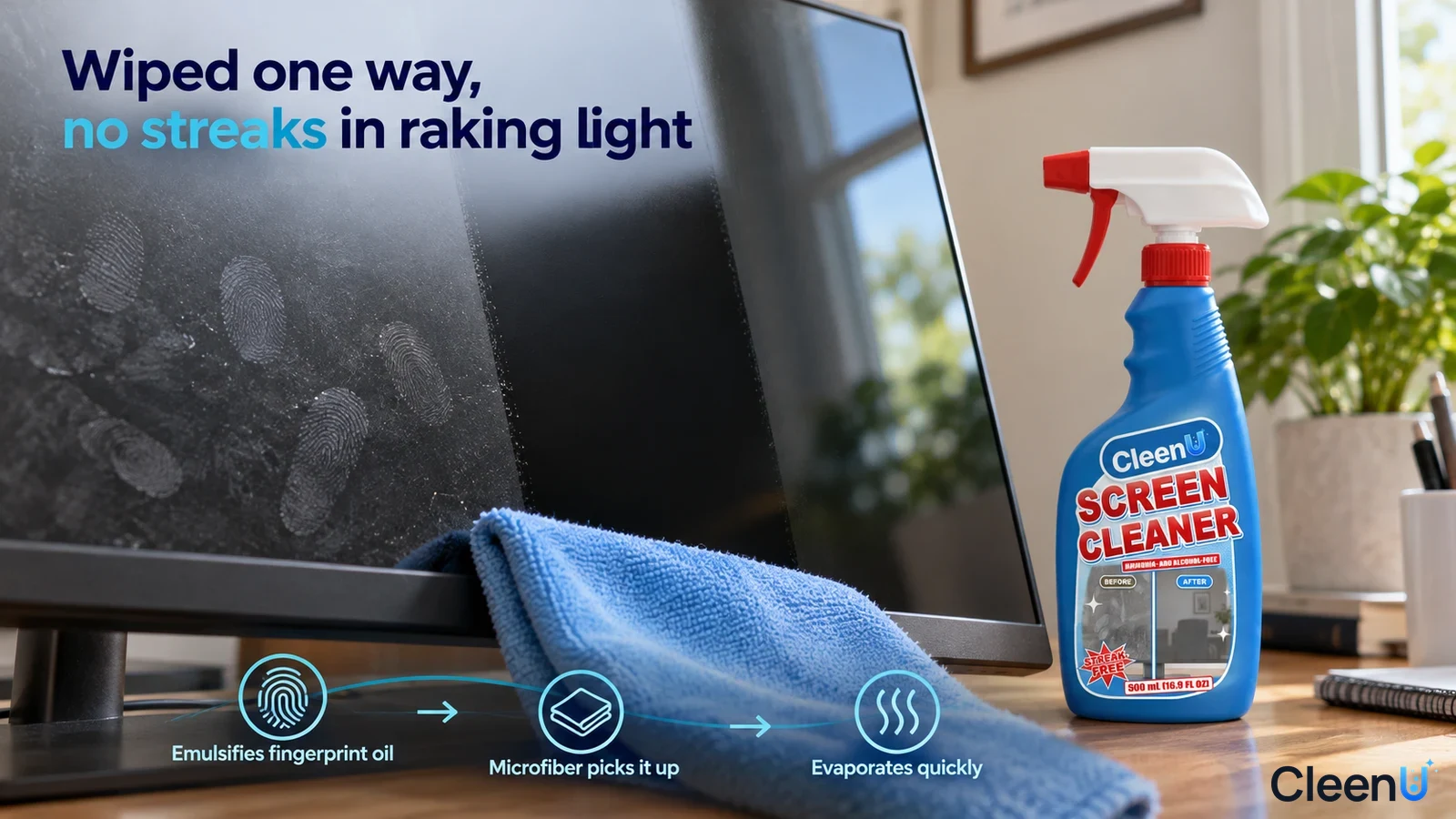 Illustration: A fingerprint-marked monitor beside a blue cleaning cloth and blue cleaner bottle.