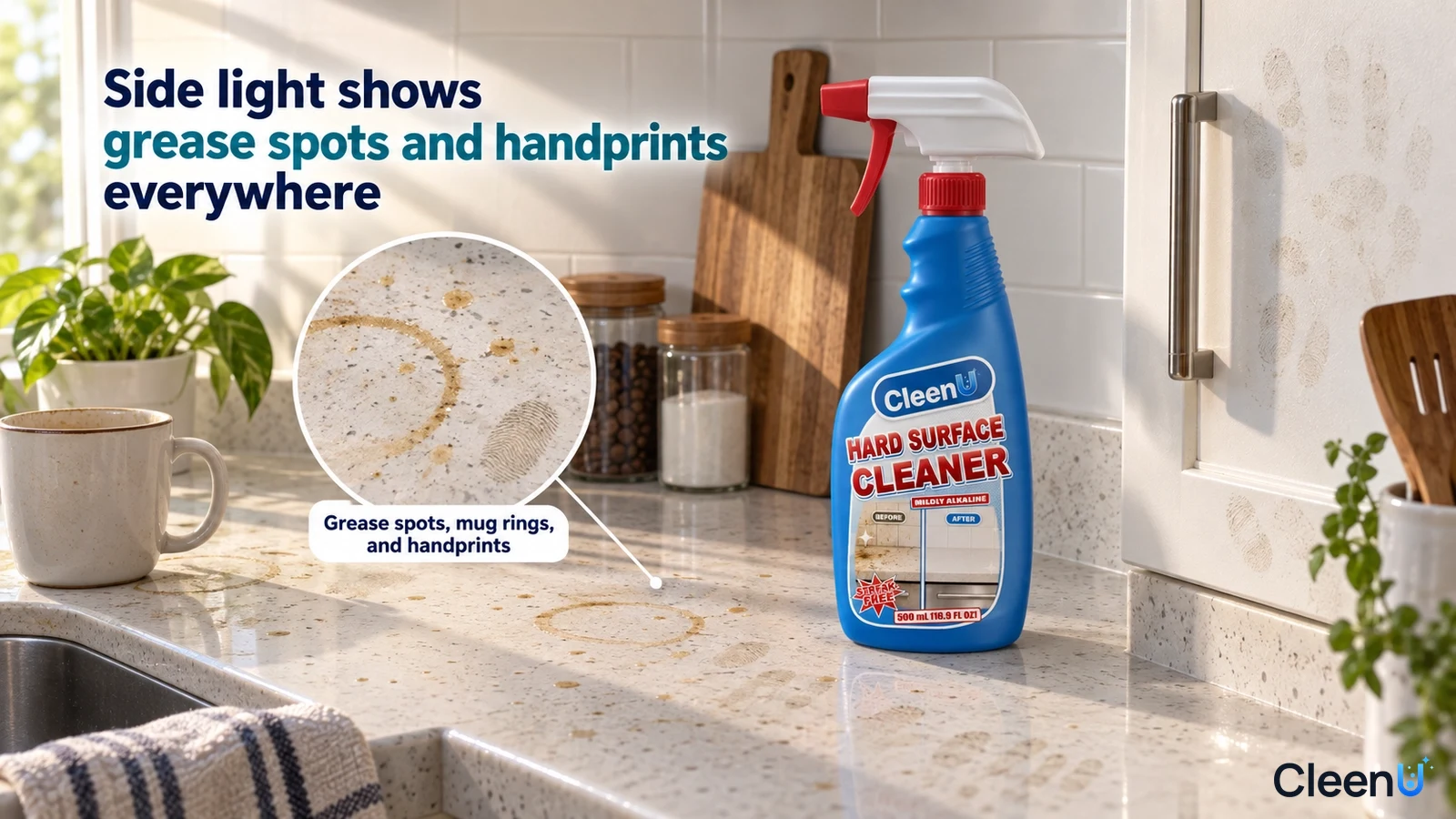 Illustration: Grease spots, cup rings and handprints on a light kitchen countertop beside a blue cleaner bottle.