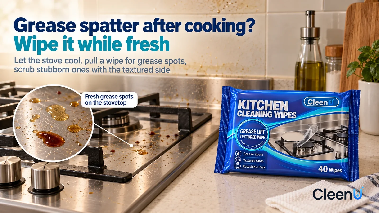 Illustration: CleenU Kitchen Cleaning Wipes — An everyday kitchen just after dinner, the burner already off and the pan removed Headline: "Grease spatter after cooking? Wipe it while fresh"