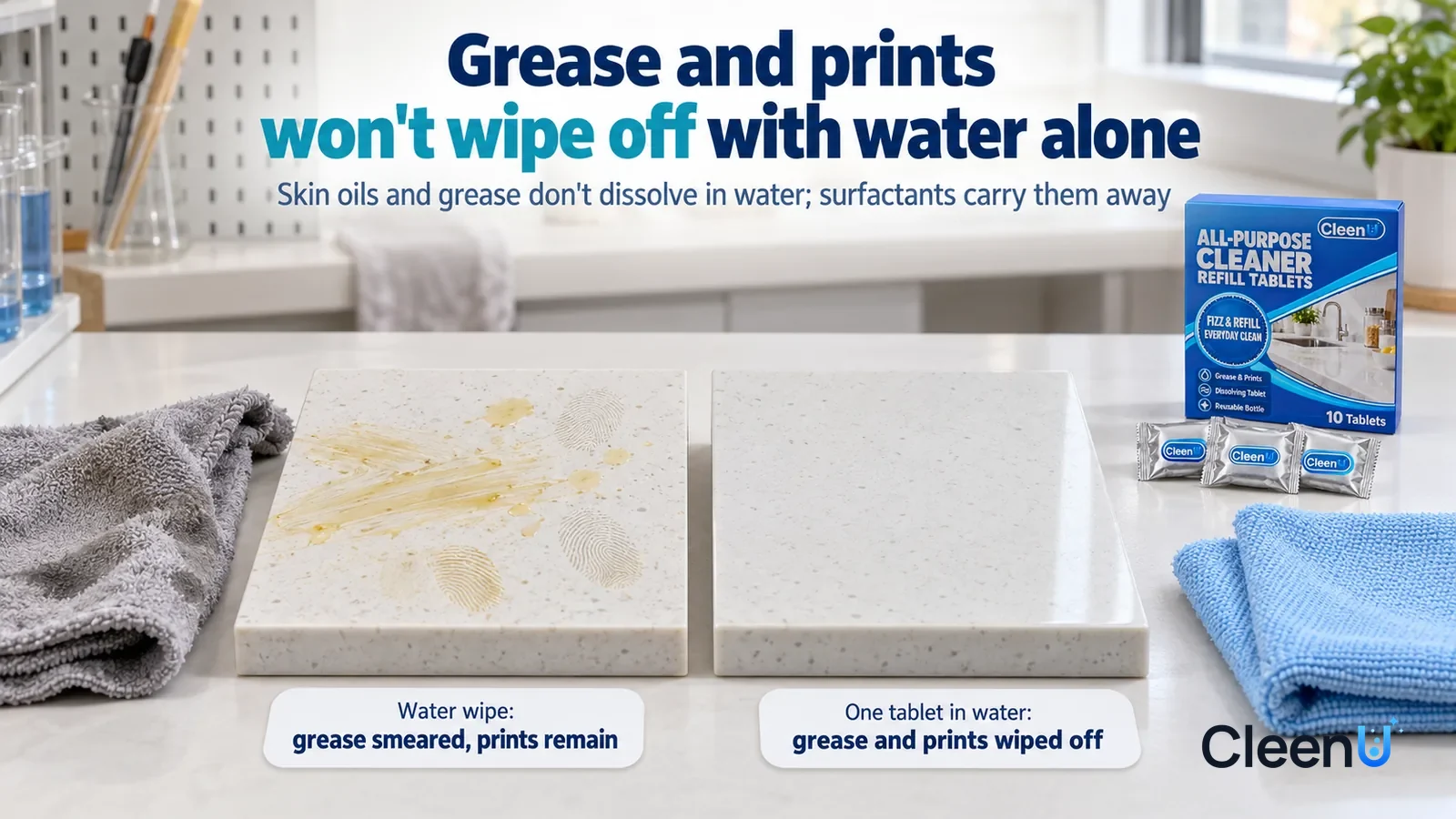 Illustration: CleenU All-Purpose Cleaner Refill Tablets — A landscape medium close-up of a small experiment in a cleaning lab: two identical white quartz countertop samples side by side on a white t H