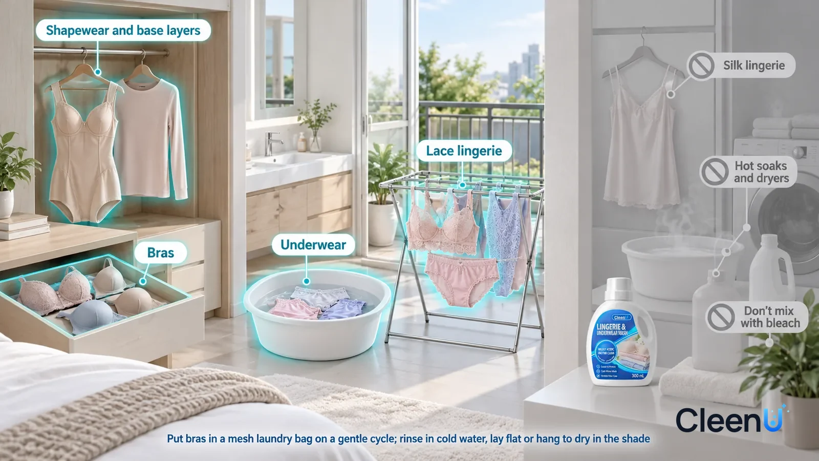 Illustration: CleenU Lingerie & Underwear Wash — A realistic 3D cutaway of a bright home's bedroom, bathroom, and balcony, one continuous space from one viewpoint