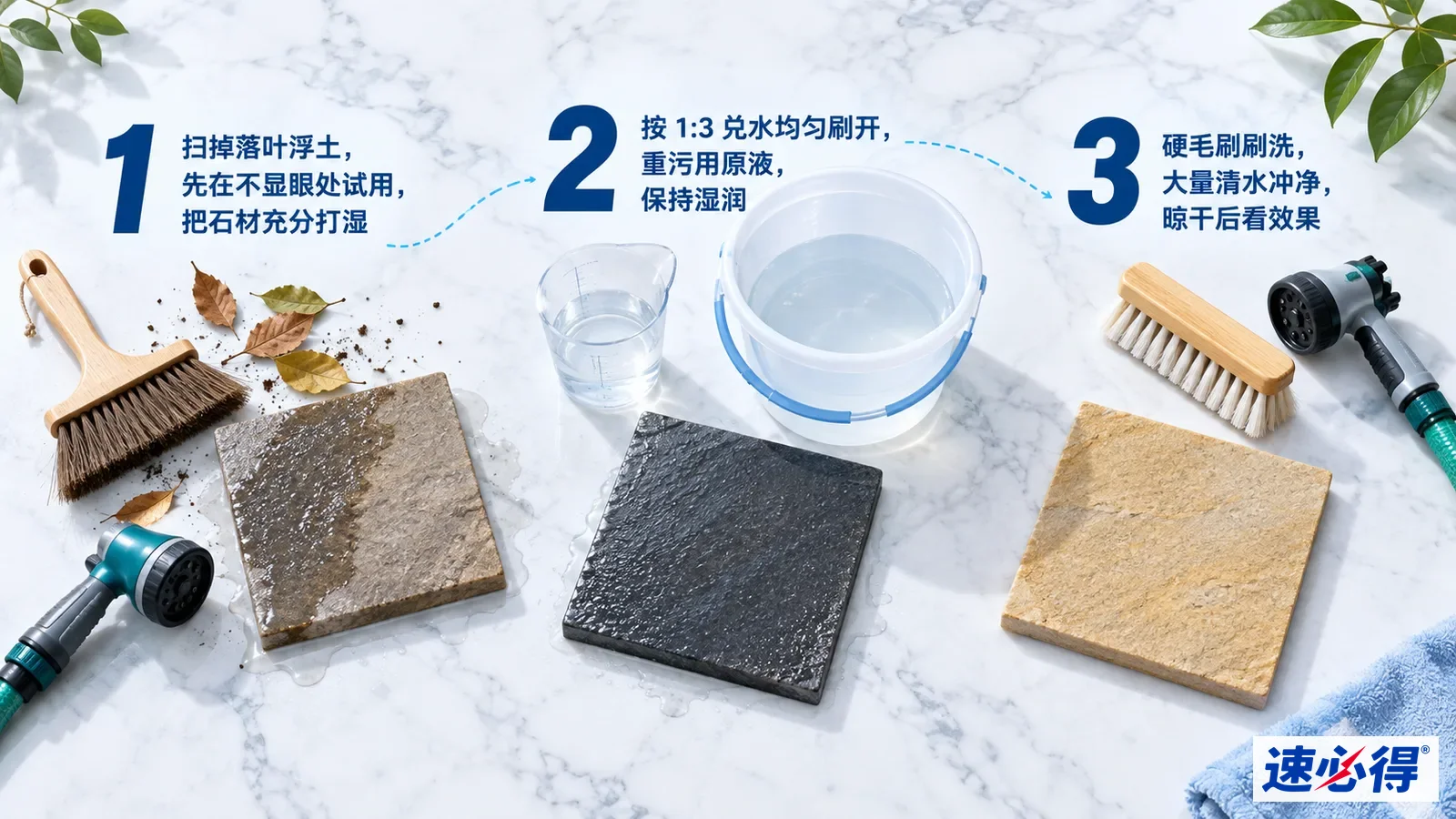 示意图:刷子、水管喷头、水盆和不同污垢状态的石材样片,配有编号步骤。