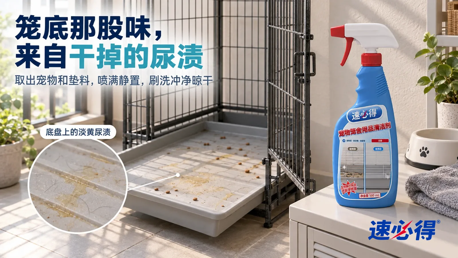 示意图:速必得宠物笼舍用品清洁剂——一个整洁的阳台,一只中型犬铁笼门开着,垫子已经取出,浅灰塑料底盘抽出一半,标题“笼底那股味,来自干掉的尿渍”
