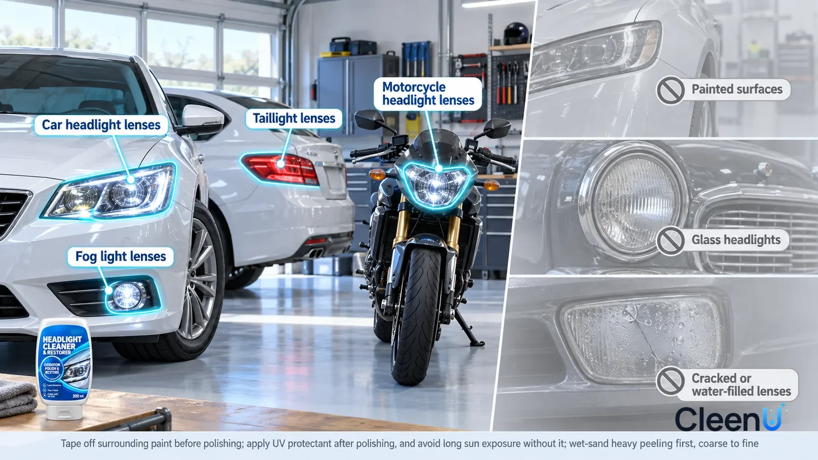 Illustration: CleenU Headlight Cleaner & Restorer — A realistic 3D cutaway of a bright home garage, one continuous space from one viewpoint, no bottle: on a family sedan (no logos