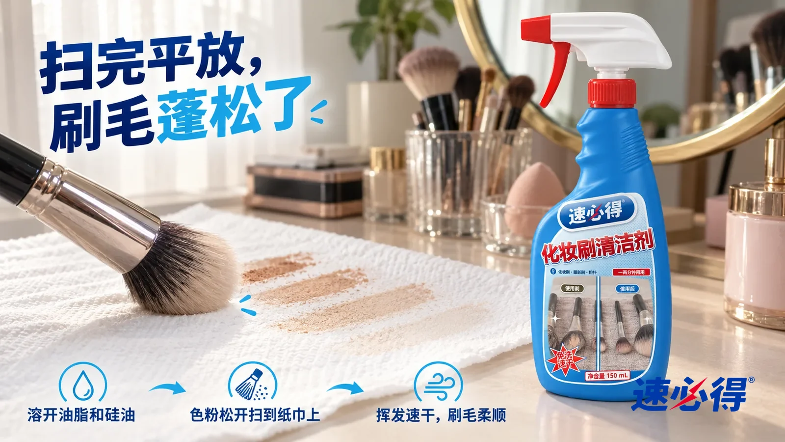示意图：速必得化妆刷清洁剂——一支粉底刷刚扫过最后一道，纸巾上几道肤色扫痕由深到浅，最后一道已经没有颜色，刷毛蓬松干净