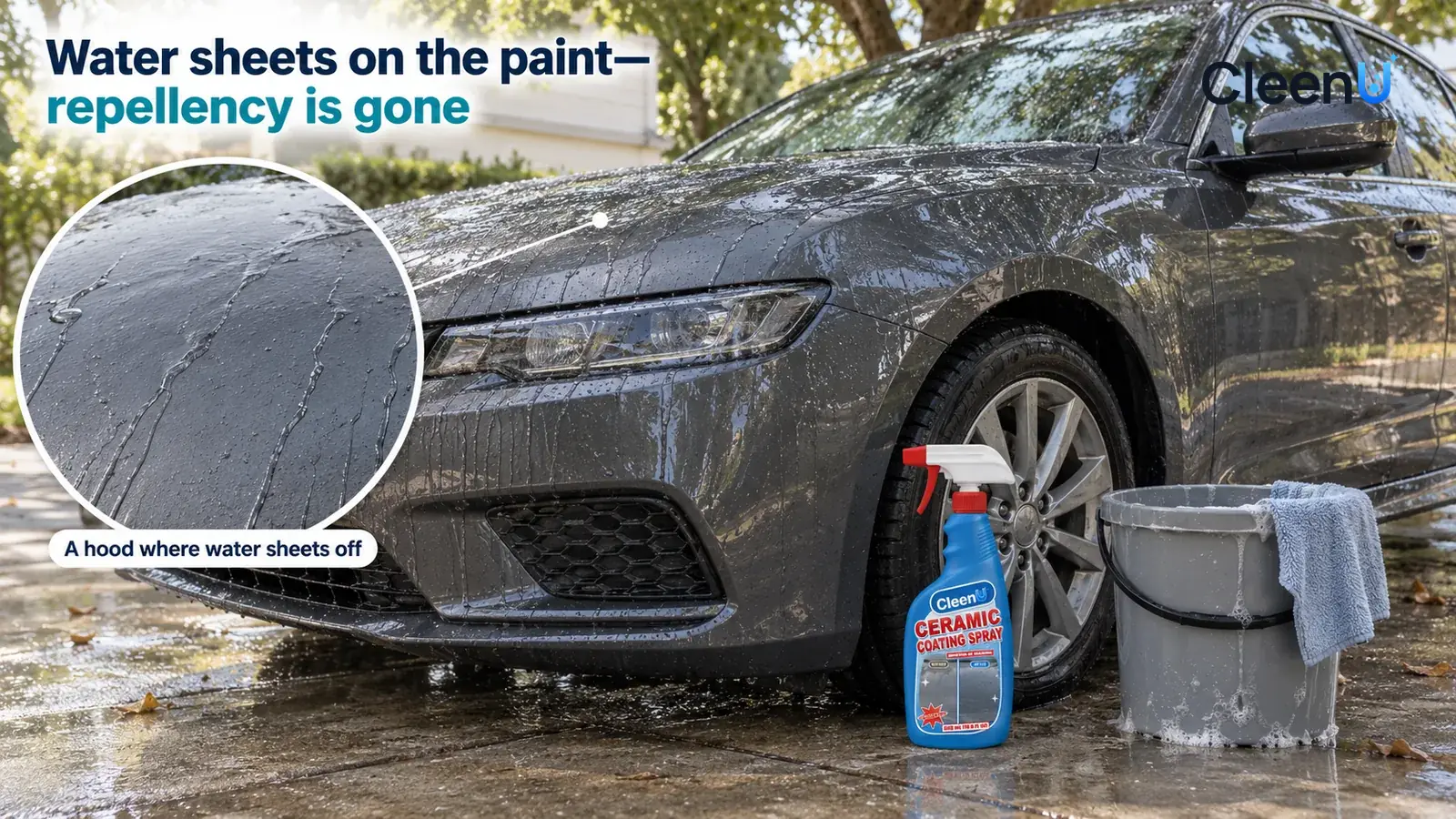 Illustration: CleenU Ceramic Coating Spray — A driveway at home in the shade of a tree, a freshly washed dark grey sedan (no badges, no plates)