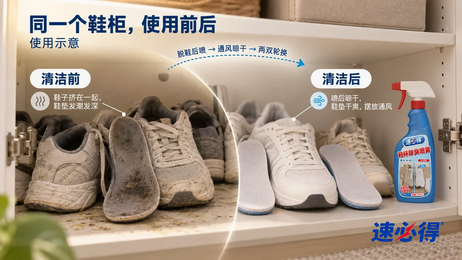 示意图：速必得鞋袜除臭喷雾——整屏一个打开的白色鞋柜内部的低角度大近景，同一侧光，鞋子都没有品牌标志：没处理的一侧几双运动鞋挤在一起，鞋垫抽出一半、颜色发深发潮