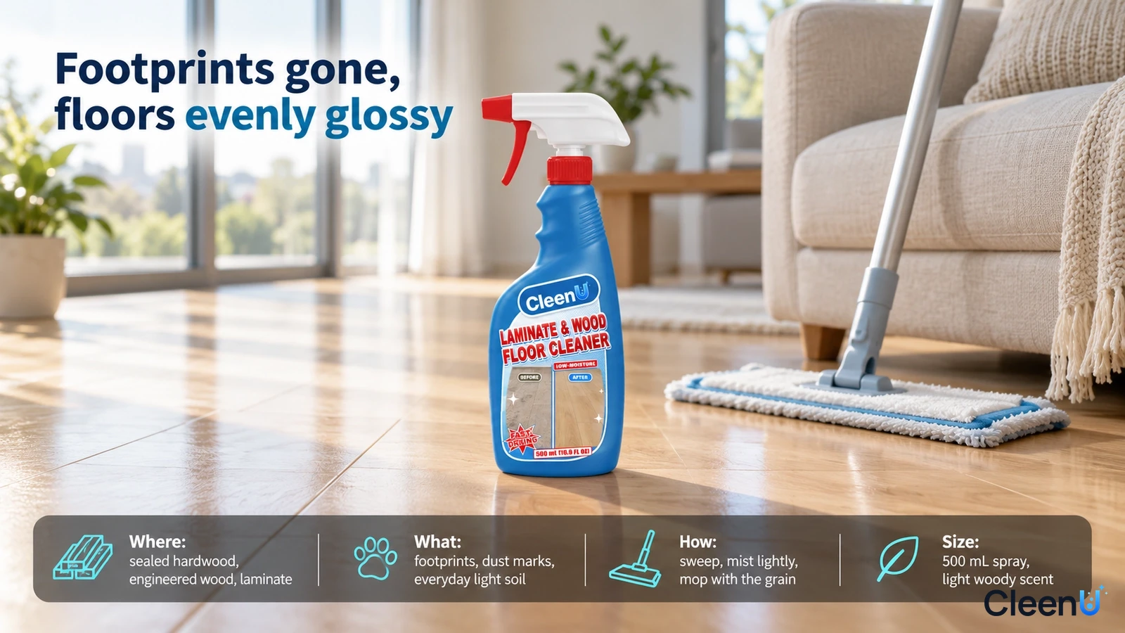 Illustration: A blue cleaner bottle and flat mop on a wood-look floor in front of a sofa.