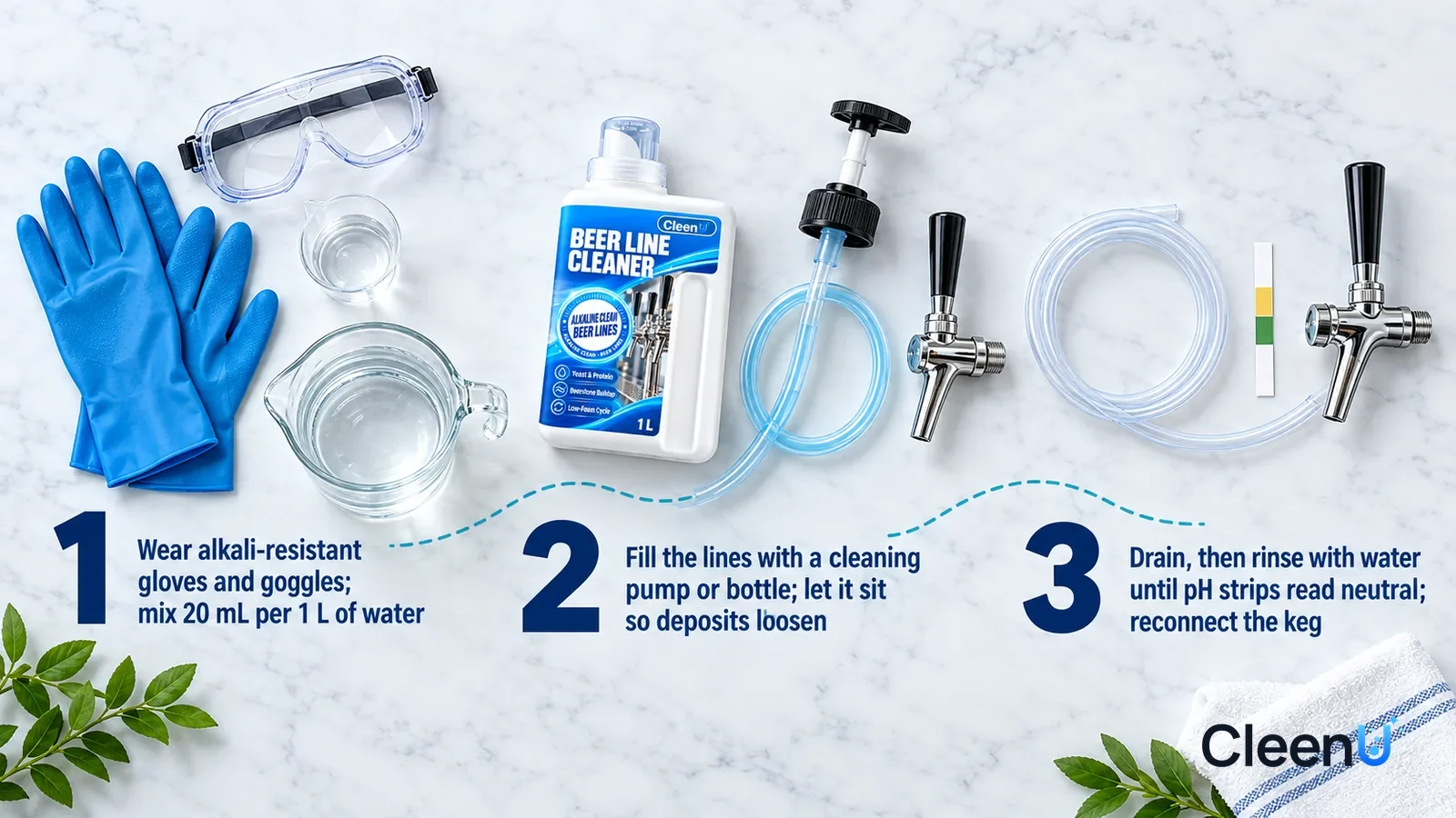 Illustration: CleenU Beer Line Cleaner — an overhead shot straight down onto a light marble tabletop, no hands: (1) a pair of blue alkali-resistant gloves