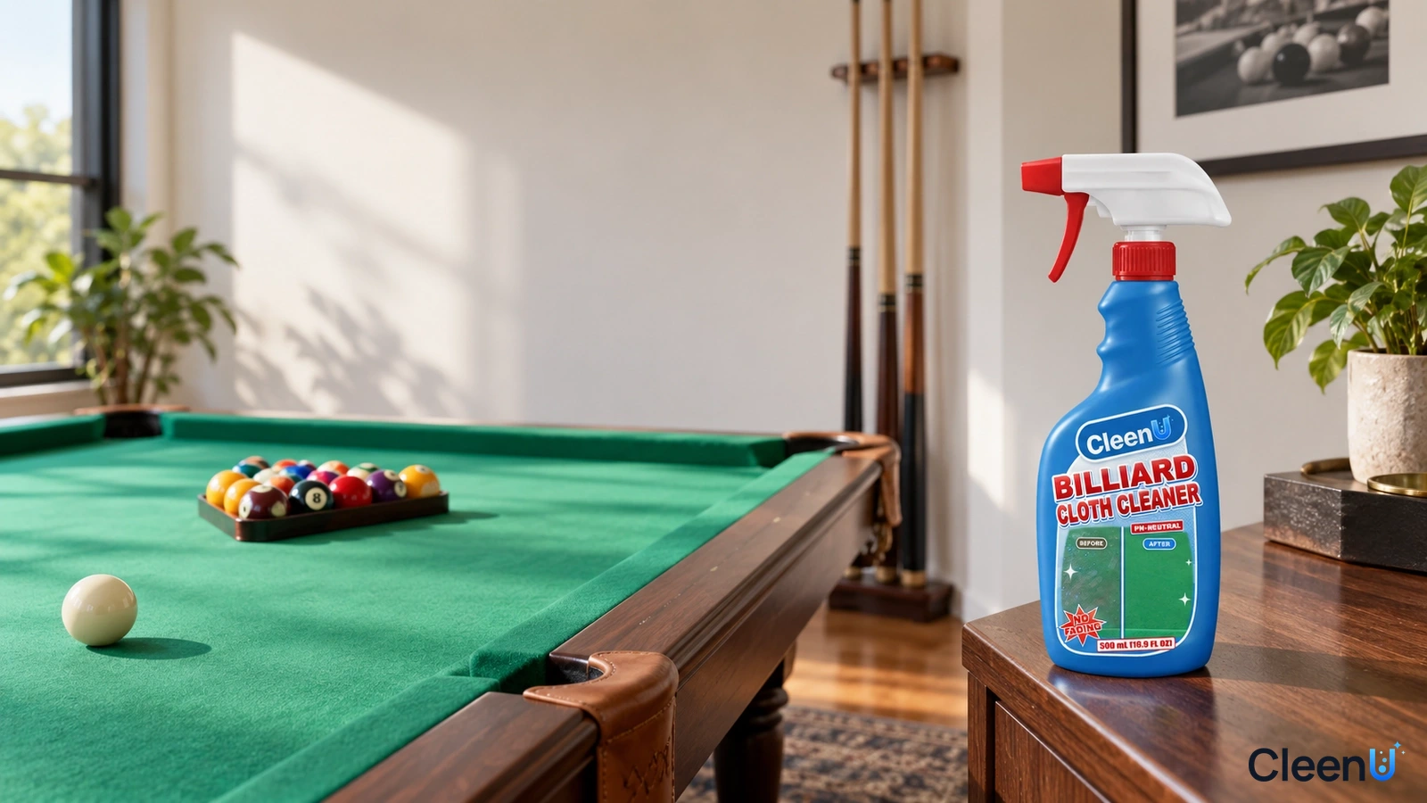 Illustration: A blue cleaner bottle beside a green billiard table in a bright room.