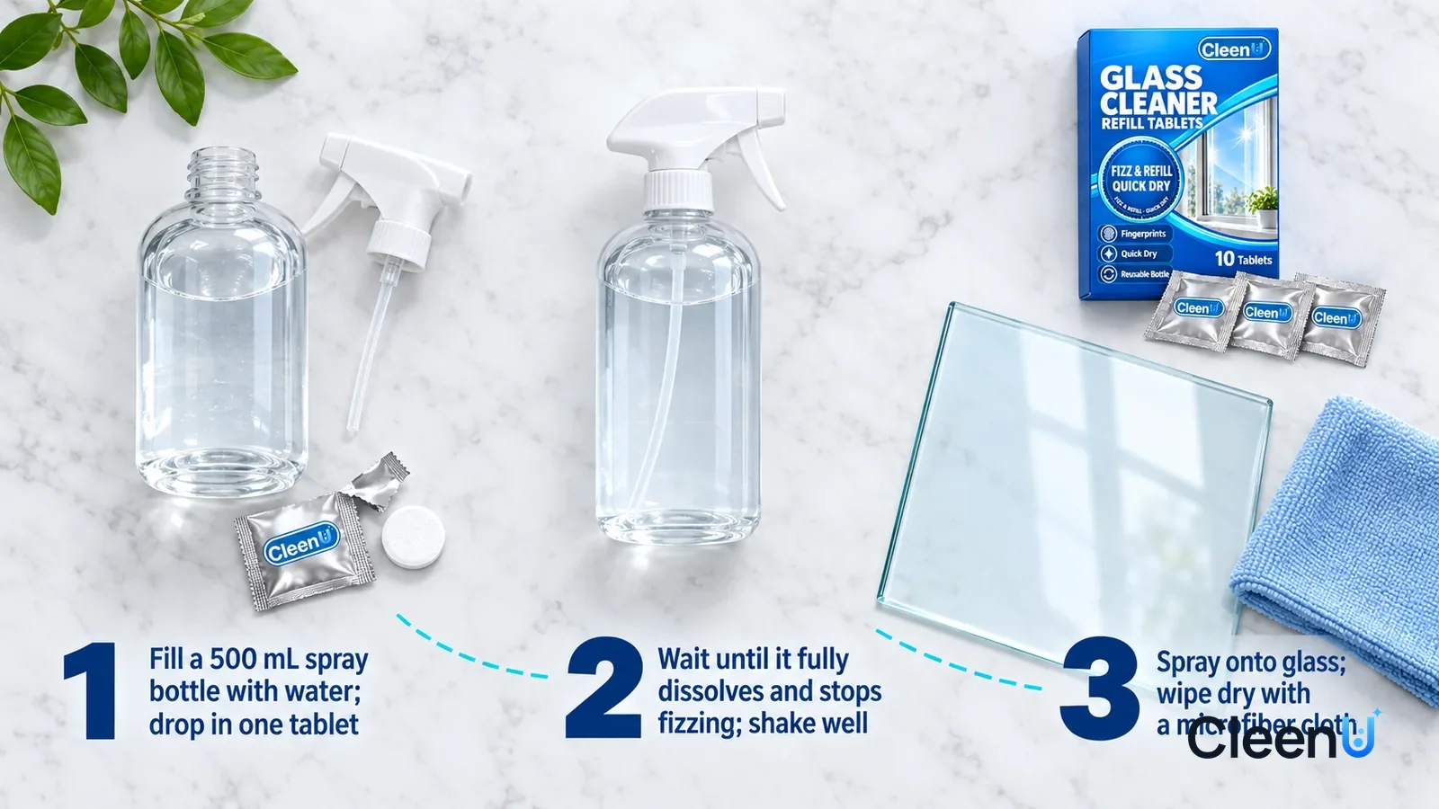 Illustration: CleenU Glass Cleaner Refill Tablets — an overhead shot straight down onto a light marble tabletop, no hands: (1) a torn silver foil sachet and one white round effervescent tablet