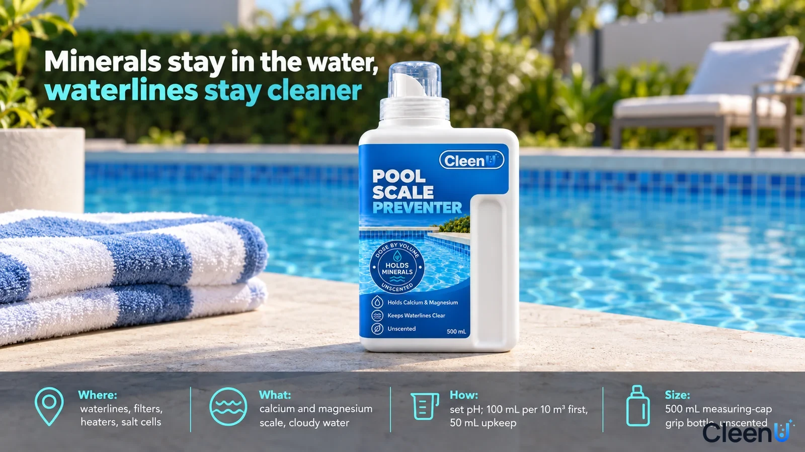 Illustration: A white scale-preventer bottle and towel beside a blue pool.