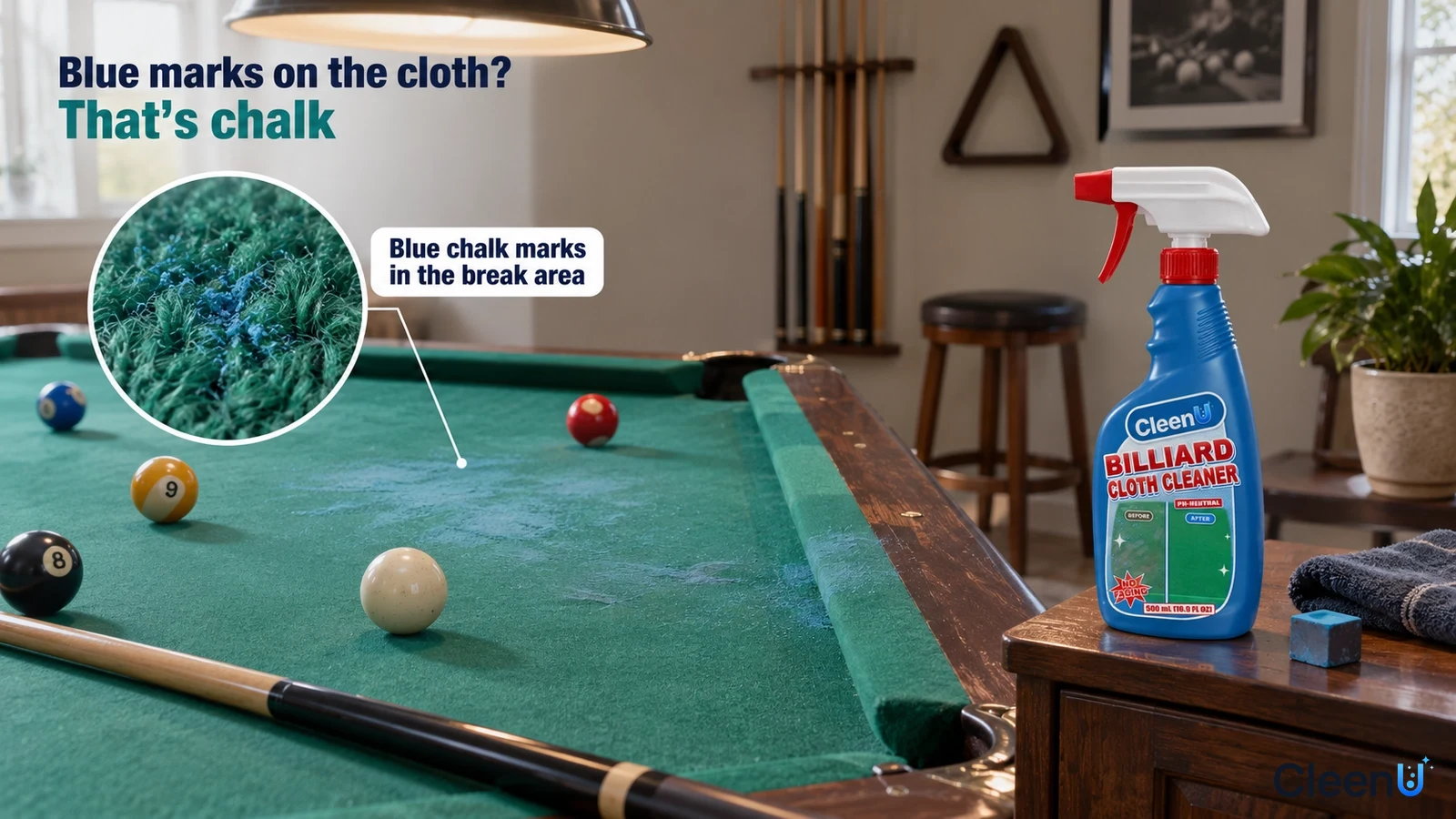 Illustration: Blue chalk marks on green billiard cloth beside a blue cleaner bottle.