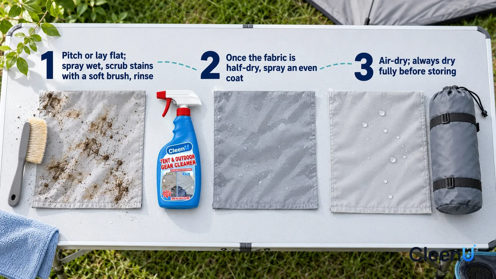 Illustration: CleenU Tent & Outdoor Gear Cleaner — keep one backyard care area, pale-grey two-person tent, folding camp table and soft brush, using the same fabric weave in all samples