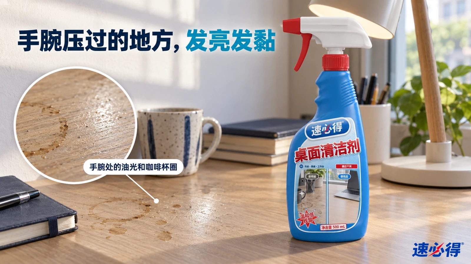 示意图：木质书桌上有杯圈和手腕接触痕迹，蓝色喷瓶摆在杯子和台灯旁。