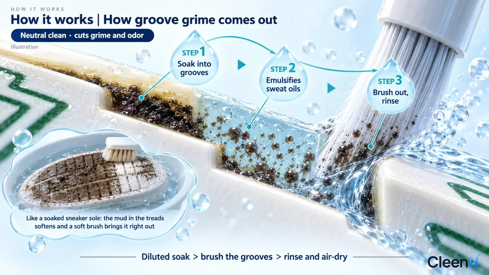Illustration: A mahjong tile groove cross-section with dark grime, drops and brush bristles.