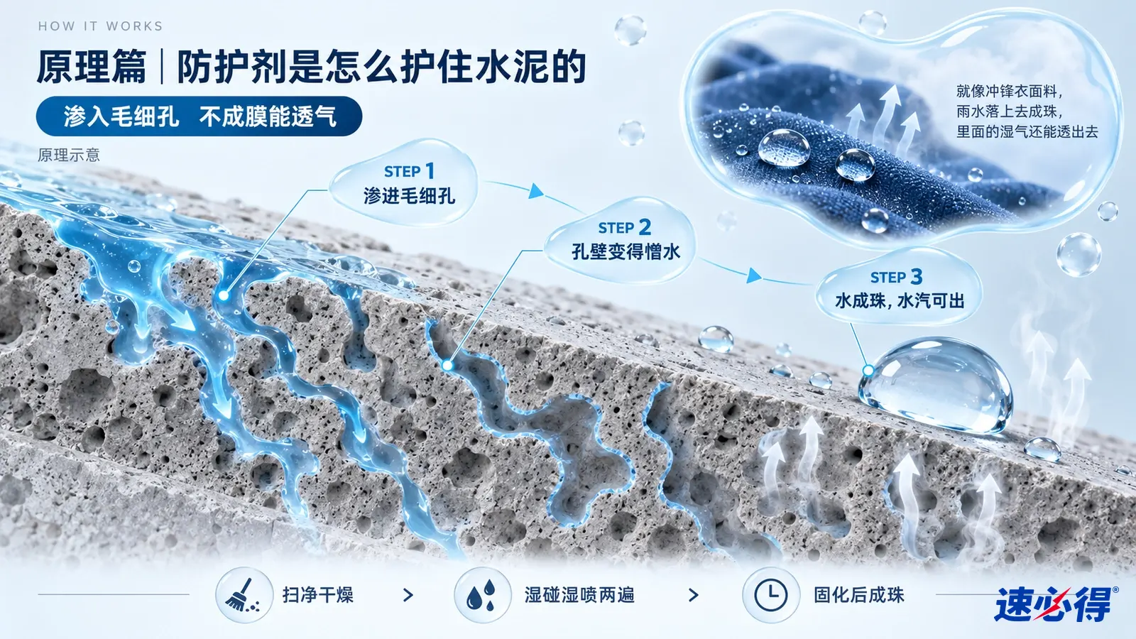 示意图:水泥孔隙剖面、蓝色液体、表面水珠和箭头。