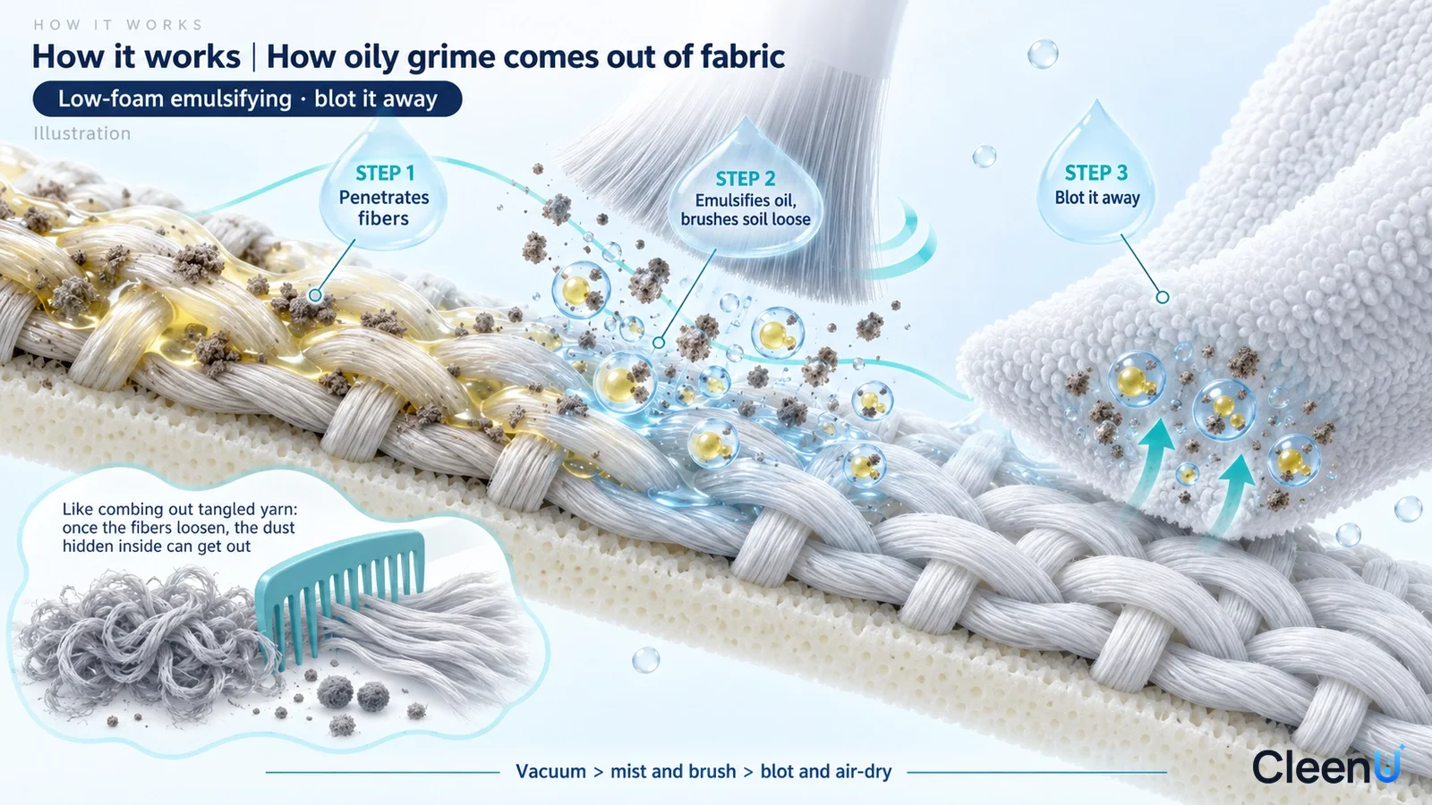Illustration: Woven fiber cross-sections, grime particles, drops and a white cloth.