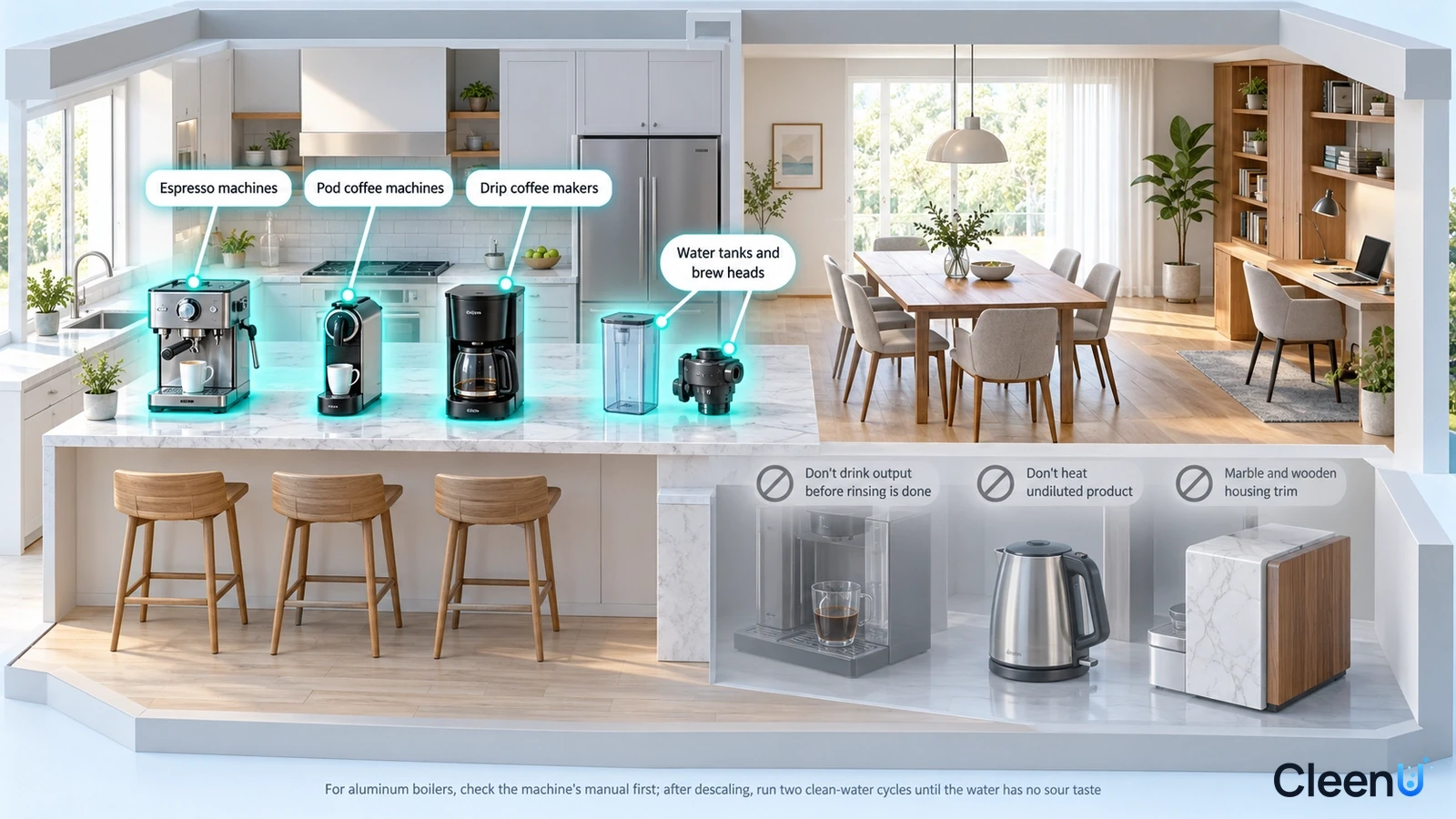 Illustration: Highlighted countertop coffee machines and water tank components beside appliance precaution icons.