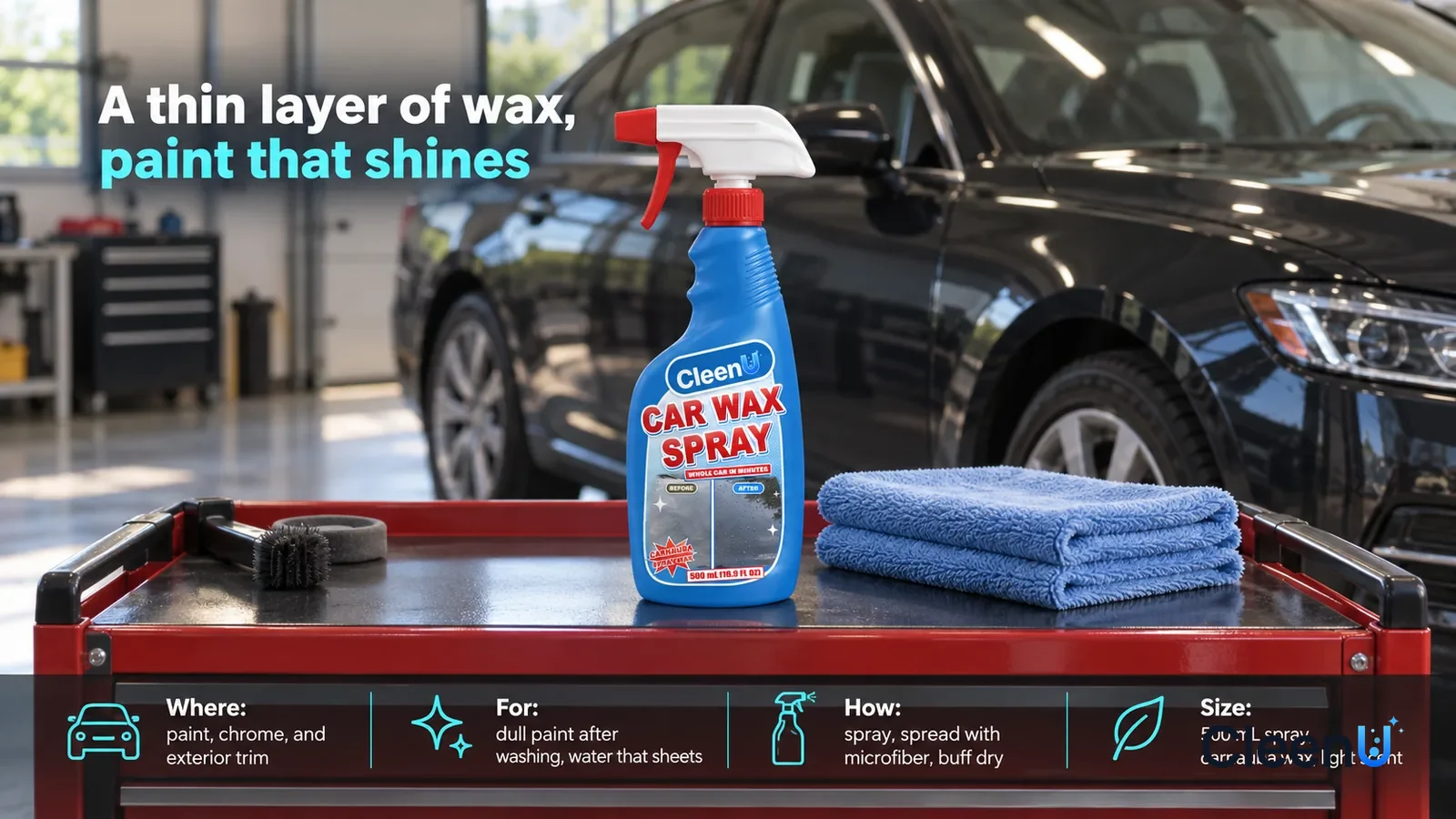 Illustration: CleenU Car Wax Spray stands centered on the garage tool cart, a stack of folded blue microfiber towels beside it, a dark sedan (no badge
